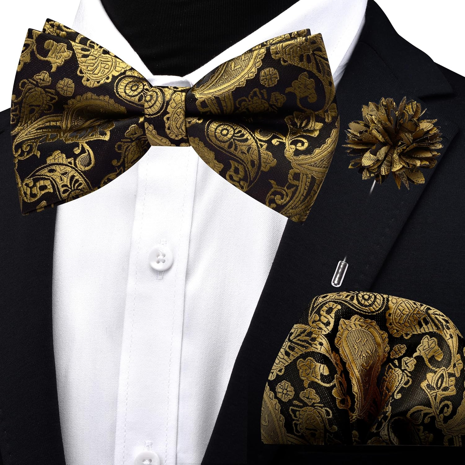 Branduce Paisley Pre-Tied Bow Tie and Pocket Square Lapel Pin Set for Men - Black Gold image number 3
