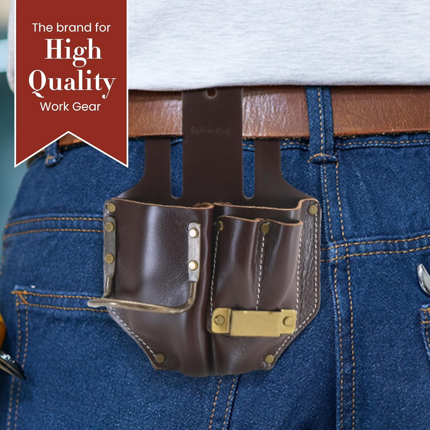 Style N Craft 4 Pocket Pliers, Hammer, Pencils & Tape Holder, Full-Grain Leather Tool Pouch, Multi Tool Holder, Dark Tan (#98017)