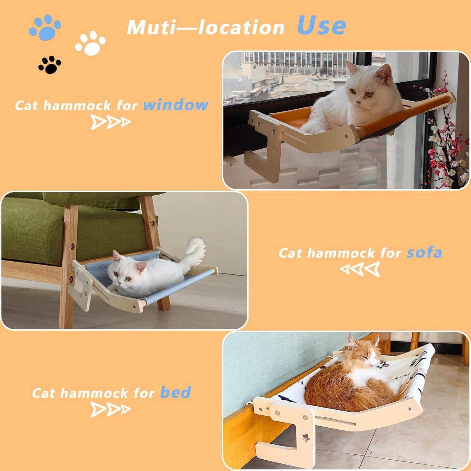 Cat Bedside Hammock and Window Perch, Cat Bed Attachment for Human Bed, Perfect for Indoor Cats Inside, Easy to Adjust and Attach to Windowsill & Bedside (Blue, L) image number 5