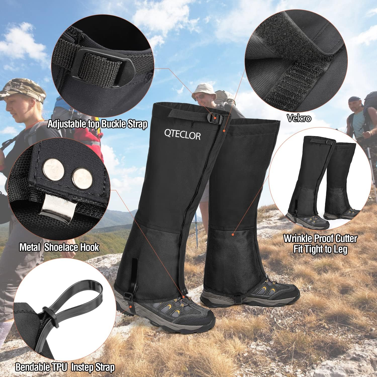 QTECLOR Leg Gaiters Waterproof Snow Boot Gaiters for Snowshoeing, Hiking, Hunting, Running, Motorcycle Anti-Tear Oxford Fabric, TPU Instep Belt Metal Shoelace Hook for Outdoor image number 4