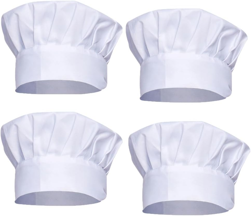 Naisfei Chef Hat, 4 PCS White Chef Toques Caps, Adjustable Elastic Cotton Cooking Cap,Reusable Cooking Chef Cap for Home, Kitchen,Restaurant, Baking and Party Favors(22X 29Cm)