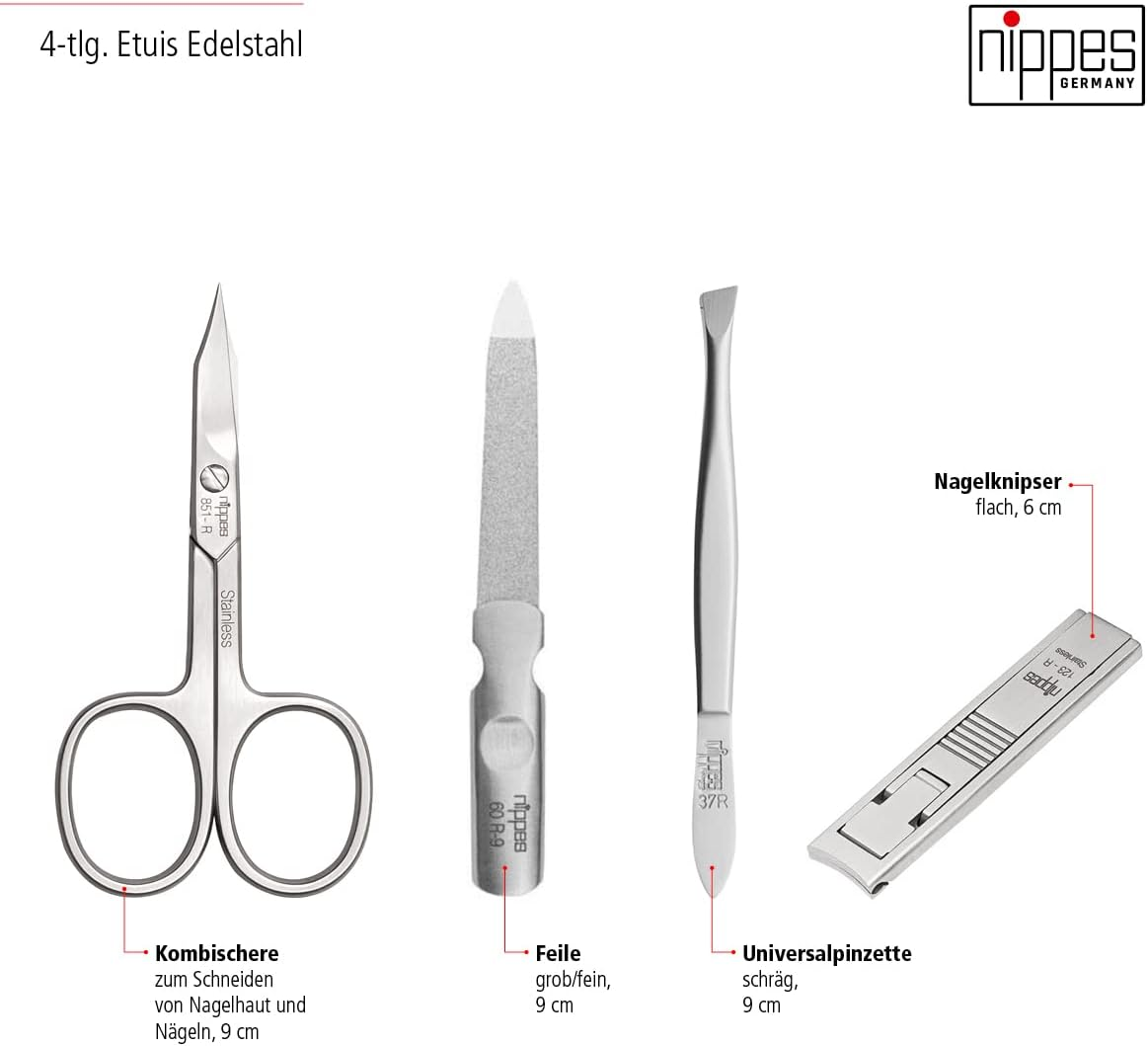 Nippes Solingen, Premium Line Manicure Set Locks Stainless Steel Nickel Rustproof Cowhide Nail Case Nail Set Nail Care Manicure Set Black 4 Pieces image number 3