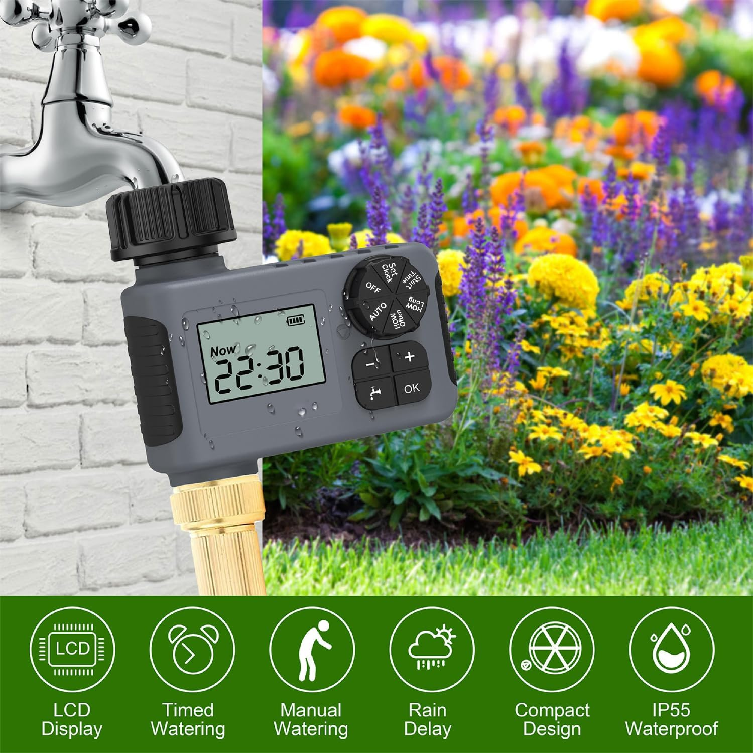 Programmable Water Timer Rain Delay for Garden Digital Sprinkler Hose Timer Manual/Automatic Irrigation System Lawn Care，1 Outlet