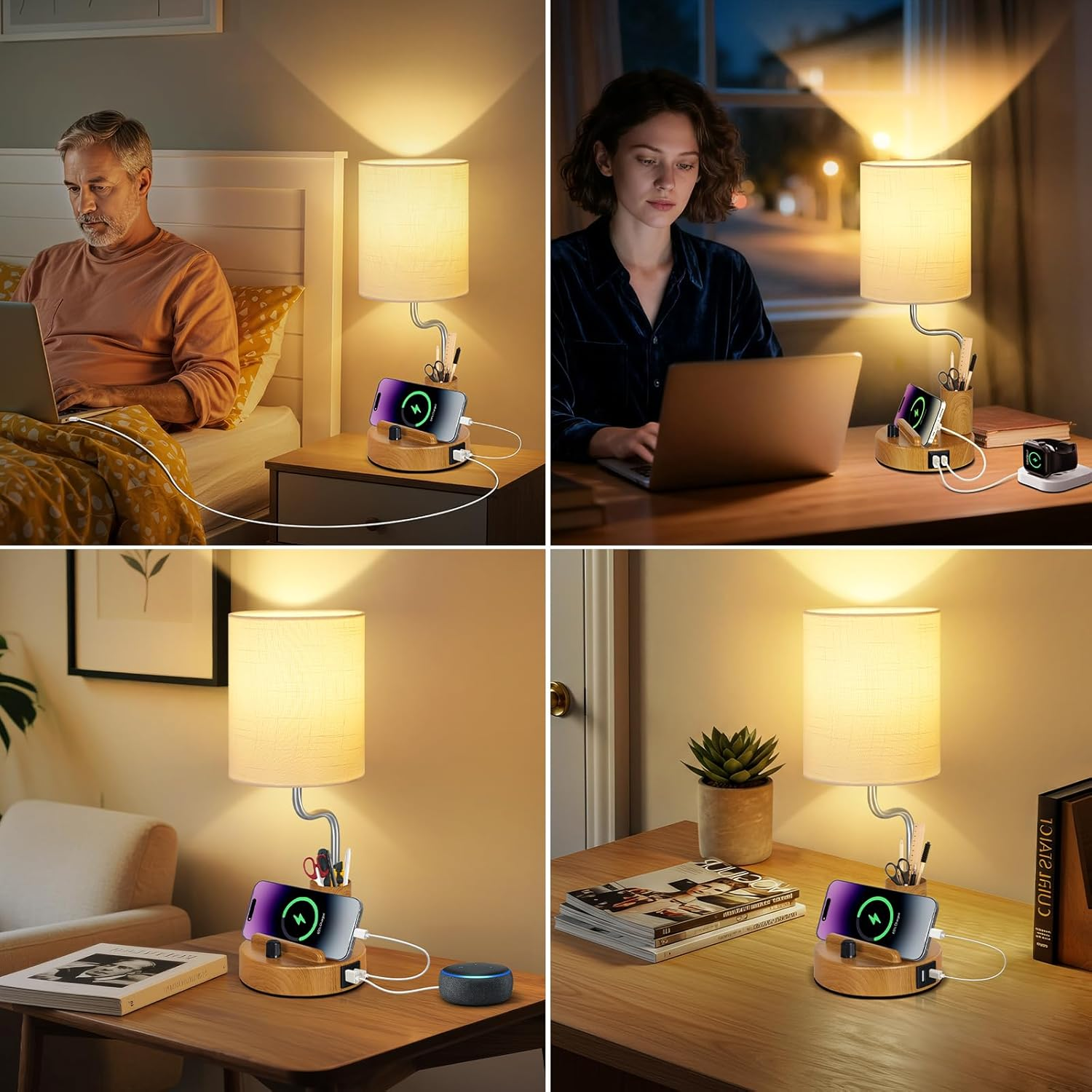 OUTON Bedside Table Lamps &ndash; Stepless Dimmable Nightstand Light with Linen Shade, USB-A & USB-C Ports, Phone Stand & Pen Holder, 2700K Warm LED Bulb Included, for Bedroom, Dorm, Office, Wood image number 1