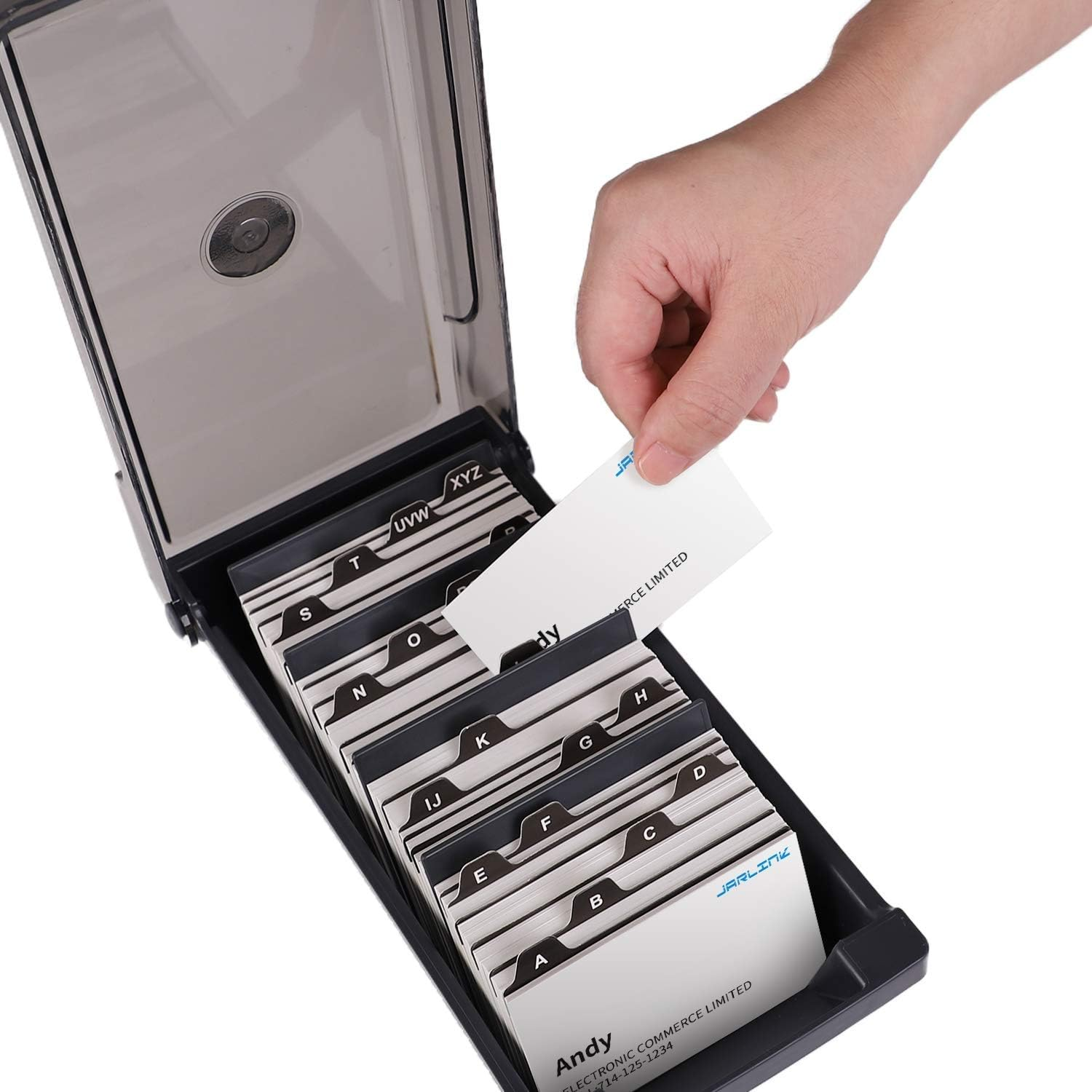 Hamosky Business Card Holder Box Business Card Box Business Card File Business Card Storage Business Index Card Organizer Rolodex, 500 Cards, Card Size: 2.2"X3.6", 4 Divider Board and A-Z Guides, Gray (4 Dividers) image number 1