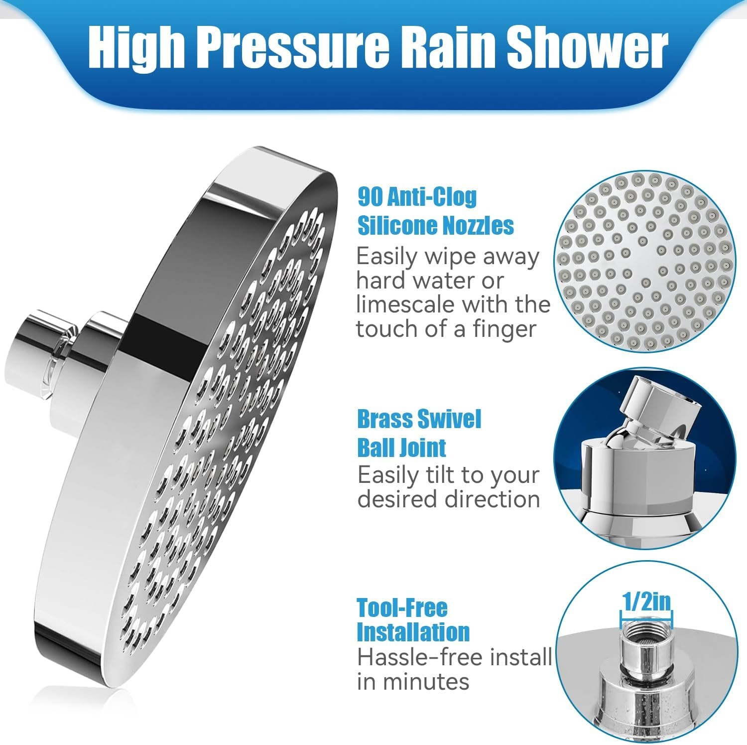 Kovizen Shower Head High Pressure Rain, Luxury Bathroom Rain Shower Head with Chrome Plated Finish, Adjustable Angles, Anti-Clogging Silicone Nozzles (2.5 GPM) image number 2