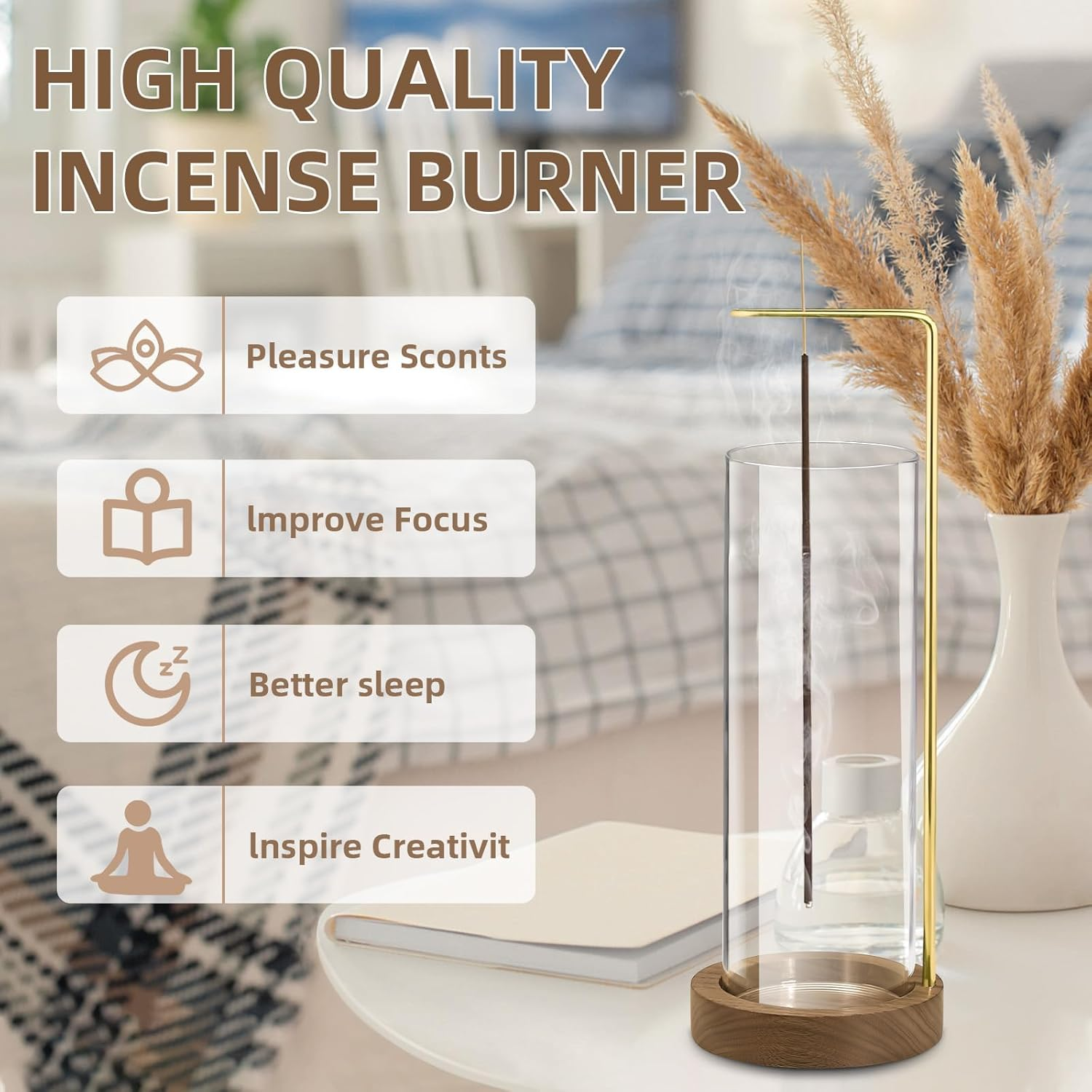 Wooden Incense Holder with Glass, Incense Stick Holder with Ash Catcher, Modern Incense Burner for Home Decor Yoga Meditation (Circular)