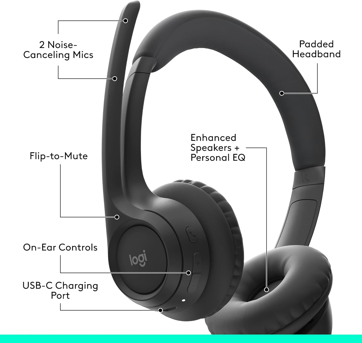 Logitech Zone 300 Wireless Bluetooth Headset with Noise-Canceling Microphone, Compatible with Windows, Mac, Chrome, Linux, Ios, Ipados, Android &ndash; Graphite - Off White image number 5