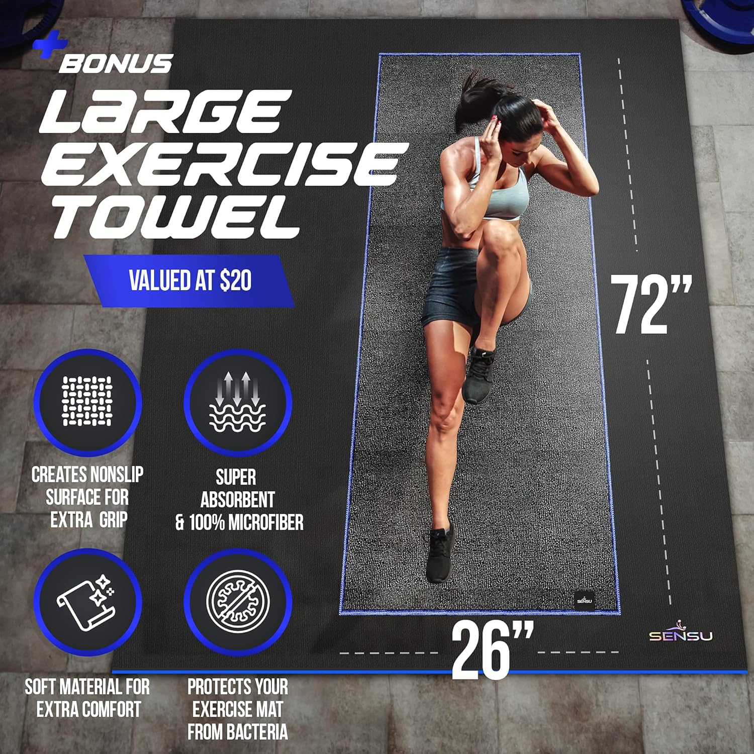 Sensu Large Exercise Mat &ndash; 7' X 5' X 8.5Mm Extra Thick &ndash; Durable and Shoe-Friendly Workout Mat for Home Gym &ndash; Non-Slip Fitness Mat for Strength Training, Stretching, Cardio, and Balance Exercises image number 2