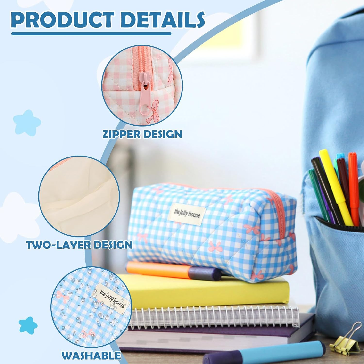Cute Pencil Case, Pink Bow Stationery Bag, Soft Quilted Pencil Pouch, Portable Pen Bag Wide Opening, Organizer with Zipper for Pens, Cosmetics or Travel Accessories (Blue)