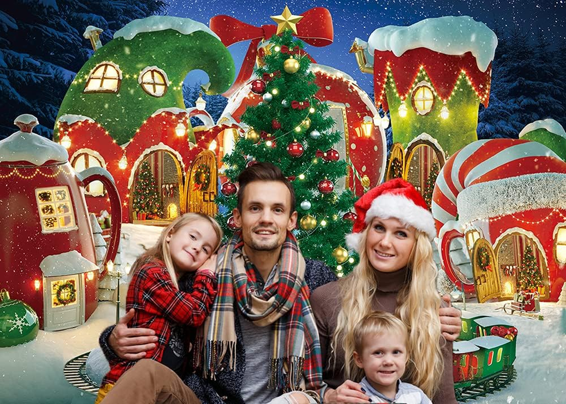 Cartoon Christmas Village Photography Backdrop Winter Snow Pine Tree Background Xmas Fairy Tale Animated Kid Party Photo Booth Banner Supplies (8X6) image number 1