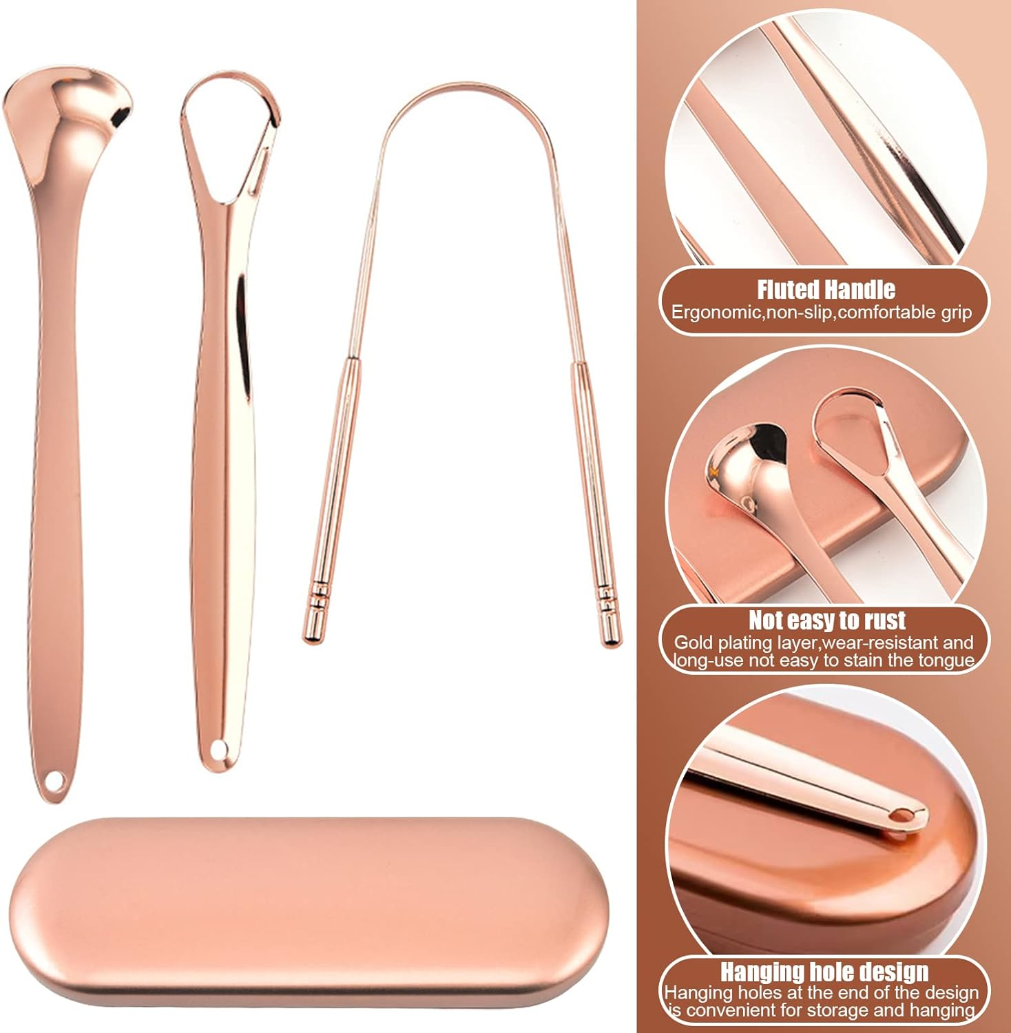 Tongue Scraper, 3 Pcs Stainless Steel Tongue Cleaner, Tongue Scraper Tools for Adults Kids Healthy Oral Carescrapers Fresher Breath in Seconds (Rose Gold) image number 1