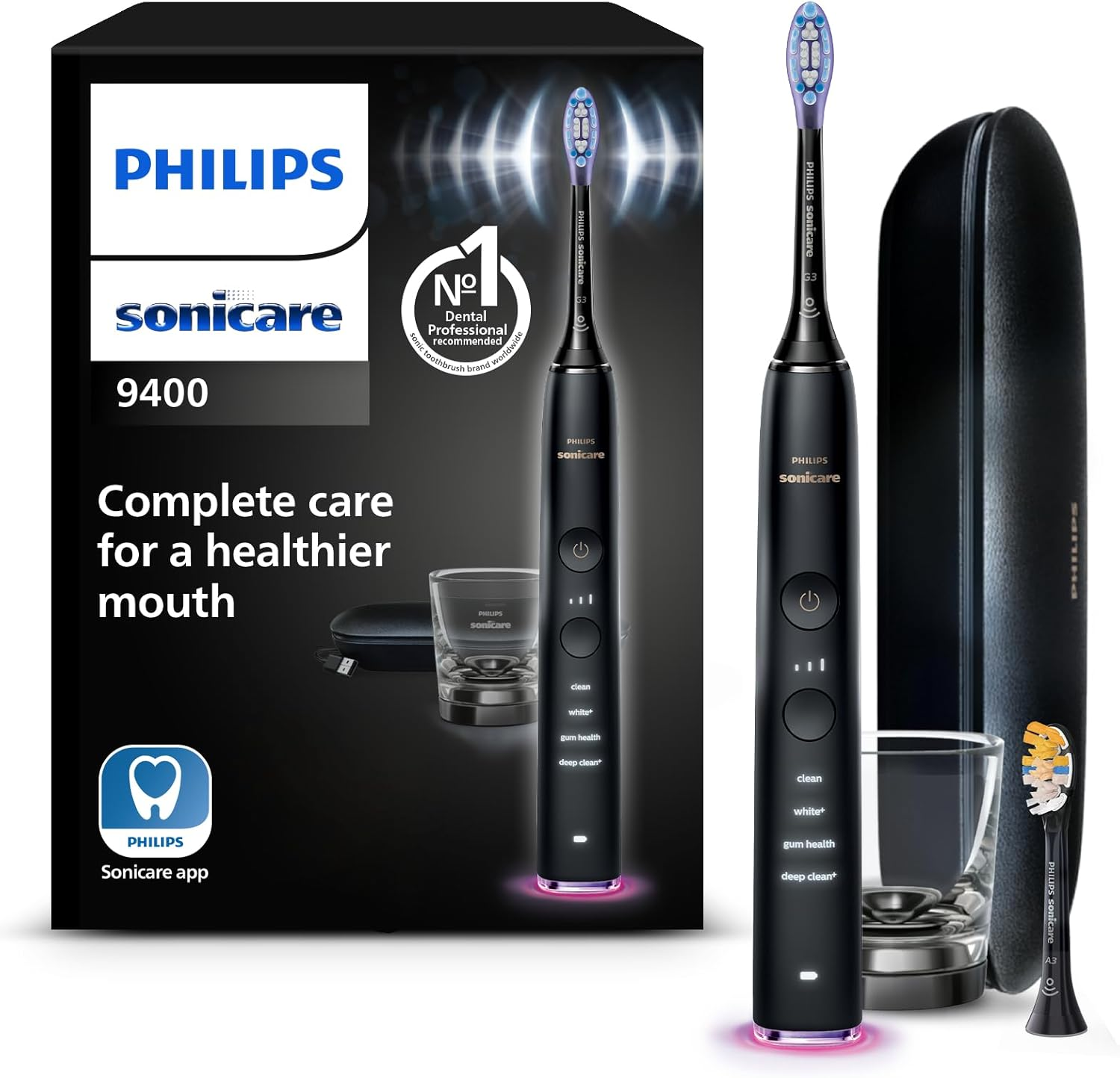 Philips Sonicare Diamondclean 9400 Electric Toothbrush with App HX9917/89, Networked Cleaning, Pressure Sensor, Intelligent Brush Head Detection, 4 Cleaning Programs, 3 Intensity Levels, Black