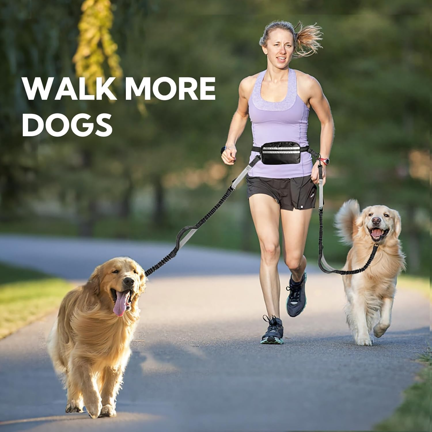 Vsgaalge Hands Free Dog Leash with Pouch, Retractable Bungee Waist Leash with Dual Padded Handles for Medium & Large Dog Training Walking Running Hiking Jogging (Double Leash) image number 1