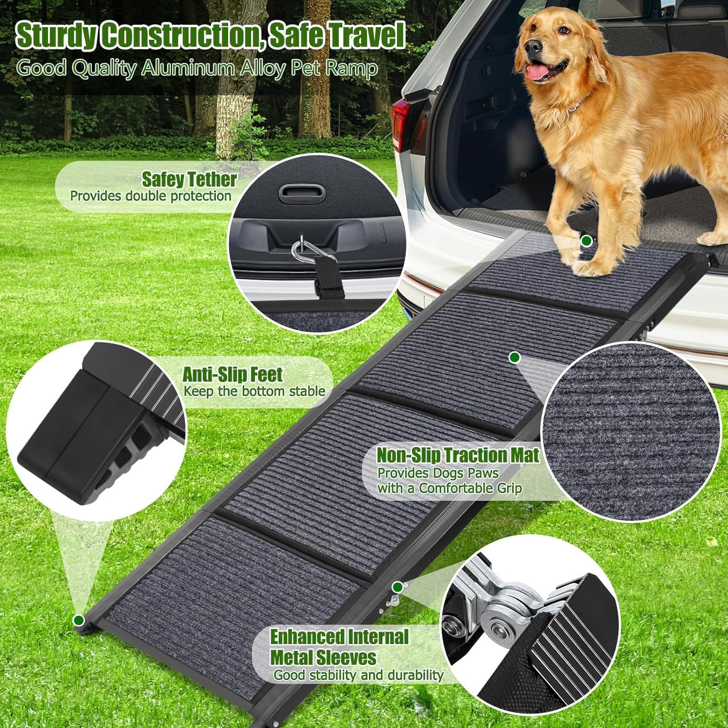 Dog Ramp for Car, 160Cm Folding Ramps for Large Dogs, Dog Stairs for Trucks, Cars and SUV, Supports up to 250 Lbs (63'' L X 17'' W) image number 1