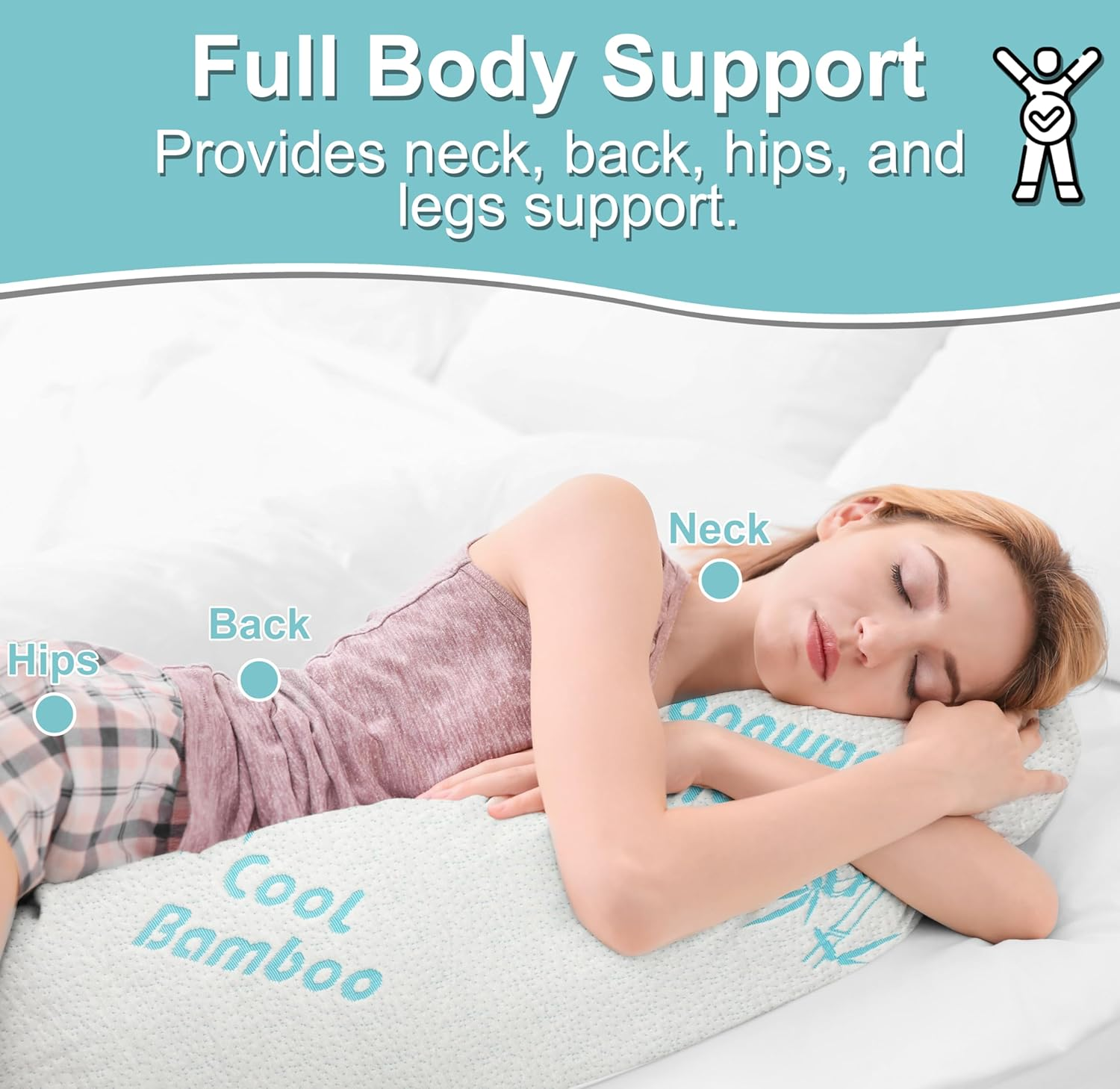 Cooling Bamboo Full Body Pillow for Sleeping, Shredded Memory Foam, Long Pregnancy Pillows for Adults, Washable & Removable Zippered Breathable Hypoallergenic Bamboo Cover Firm Side Sleeper Hug Pillow image number 3