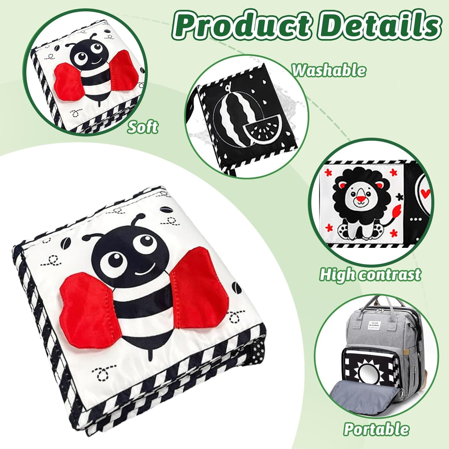 Black and White High Contrast Baby Toys 0-6 6-12 Months Soft Book for Newborn Brain Development Tummy Time Toys Infant Sensory Crinkle Toys 0-3 3-6 Month Montessori Learning Activities for Babies image number 3