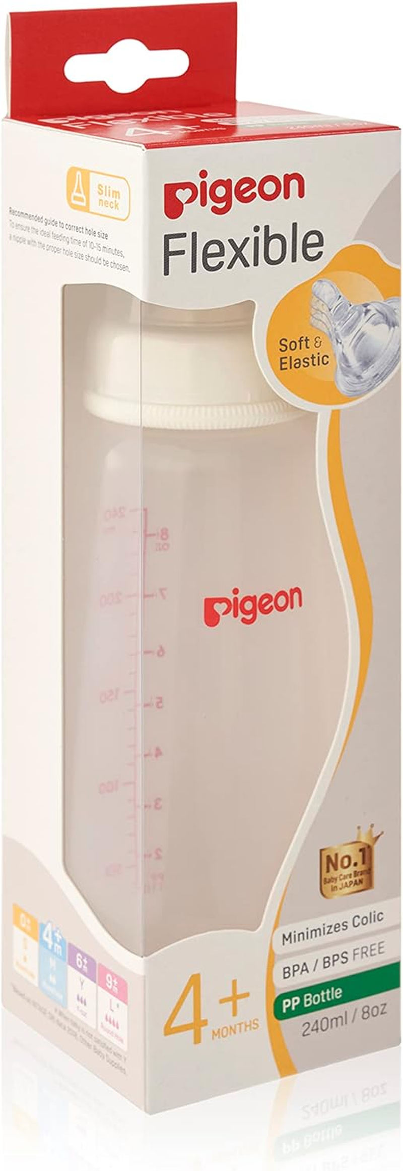 Pigeon Flexible Slim Neck Baby Bottle for 4+ Months Babies, 240Ml, PP, 1-Pack