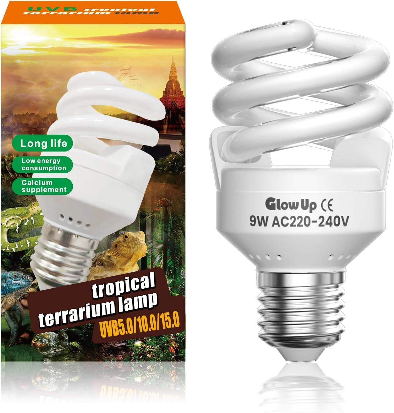 Glowup 9W UVB 10.0 Reptile Light E27 10.0 Uvb Bulb AC220-240V Uva Uvb Bulb Tortoise Beam Angle 360&deg;Fluorescent Lamp for Aquarium, Glass Container, Feeder, Turtle, Snake, Lizard, Etc image number 5