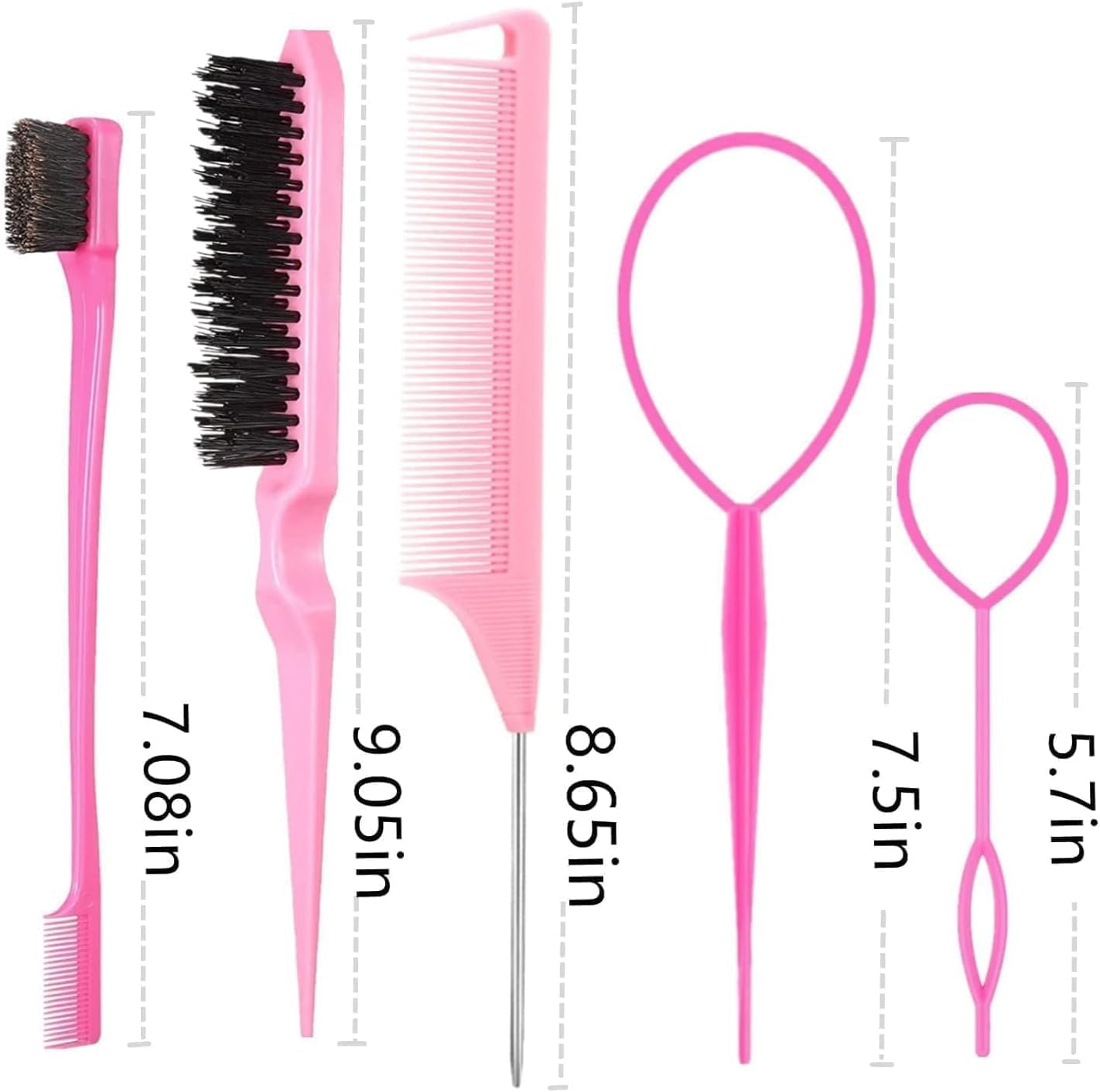 French Braid Loop Tool with Rat Tail Combs, 8Pcs Tail French Braid Loop Tool with Rat Tail Comb, Quick Hair Looping Braid Loop Ponytail Tail Tools for Girls and Women, Pink - Black image number 4