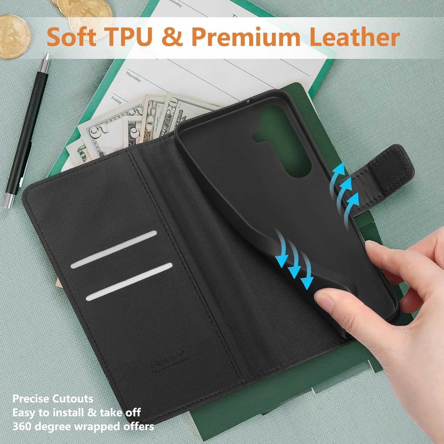 Hianjoo Case Compatible with Samsung Galaxy A55 6.6", Premium Protective Wallet Card Flip PU Leather Phone Case Replacement for Samsung Galaxy A55 - Black - Blue image number 7