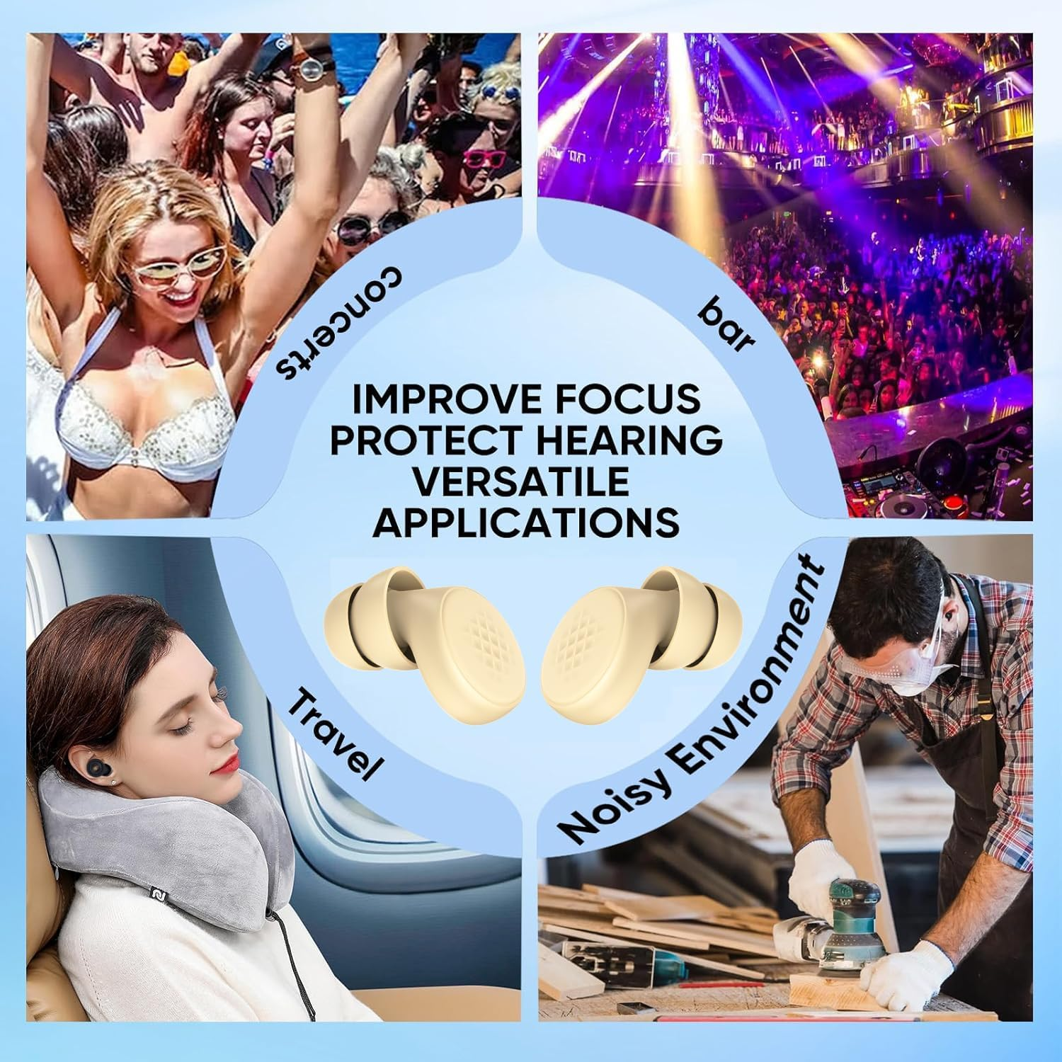 Ear Plugs for Sleeping, Travel, Concerts, Working. 45Db Protection Earplugs. Custom Fit with 7 Pairs of Replaceable and Reusable Ear Tips. Soft, Reusable, Comforatable & Lightweight. Using State of the Art Nano-Sound-Absorbing Materials with Mesh Filter for Superior Reduction. - Beige image number 2