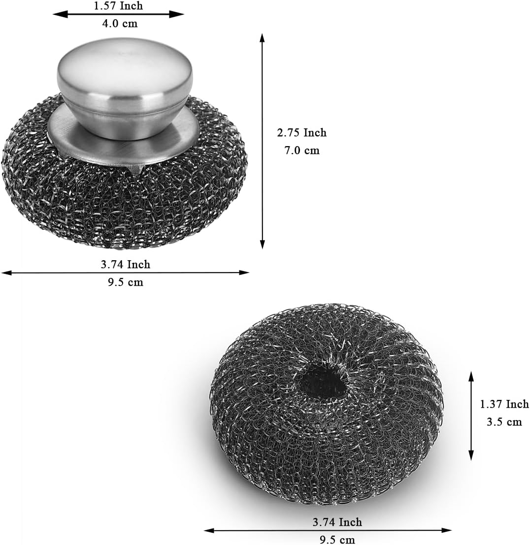 Kyraton Stainless Steel Scourers with Handle to Protect Your Hand Set of 5, Big Metal Wire Wool 4 X 4In Confortable to Hold and Durable and Strong