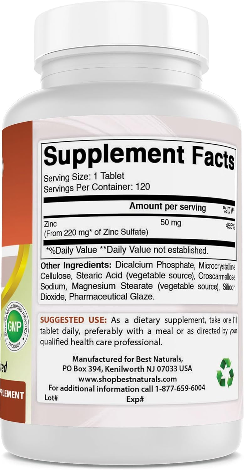 Best Naturals Zinc Sulfate 220 Mg 120 Tablets - 3Rd Party Lab Tested - Made in the USA - Gluten Free & Non-Gmo