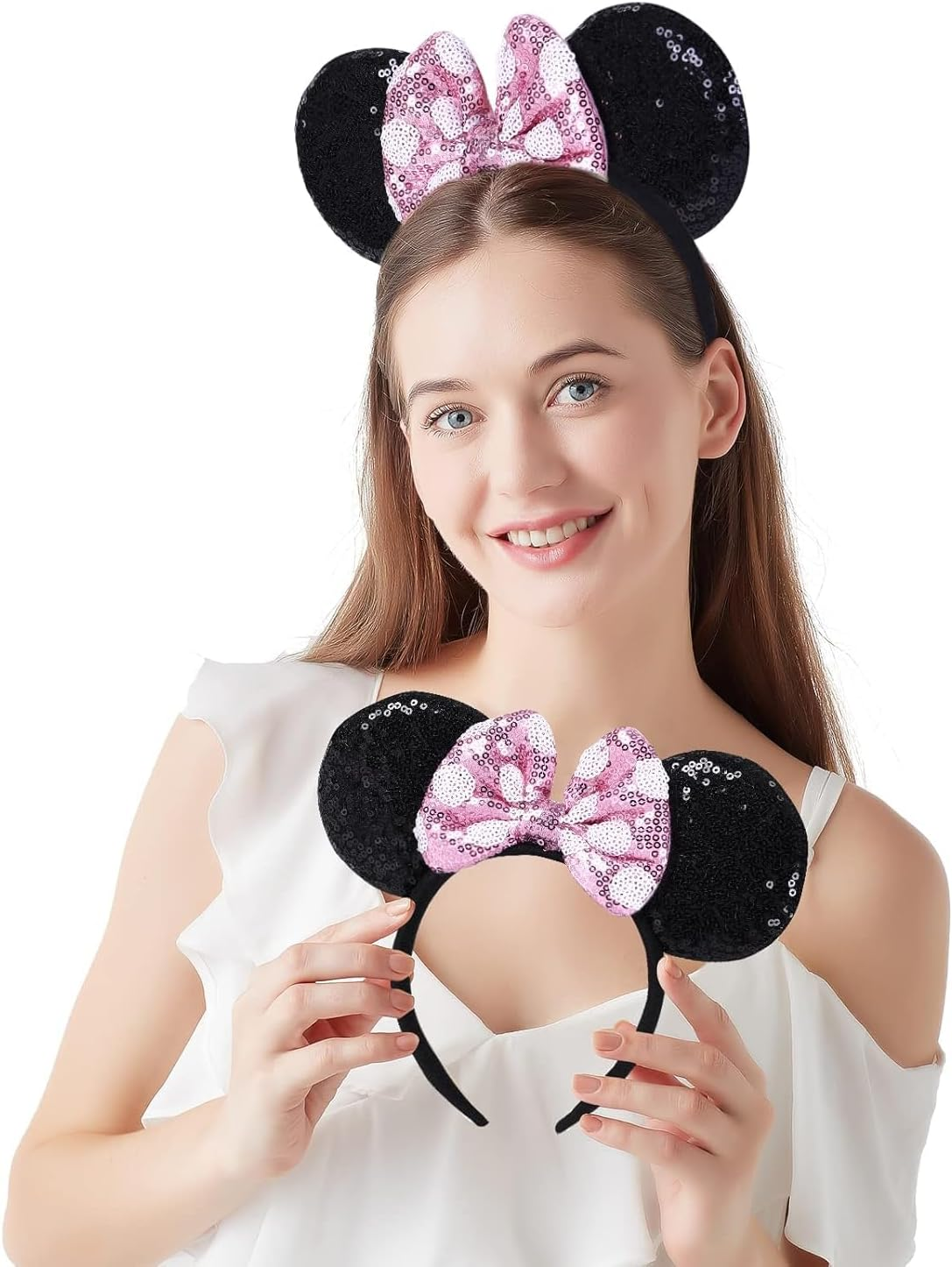 Mouse Costume Ears,2 Pcs Mouse Ears Headbands for Girls & Women Party,Size Free - Orange Bow image number 3