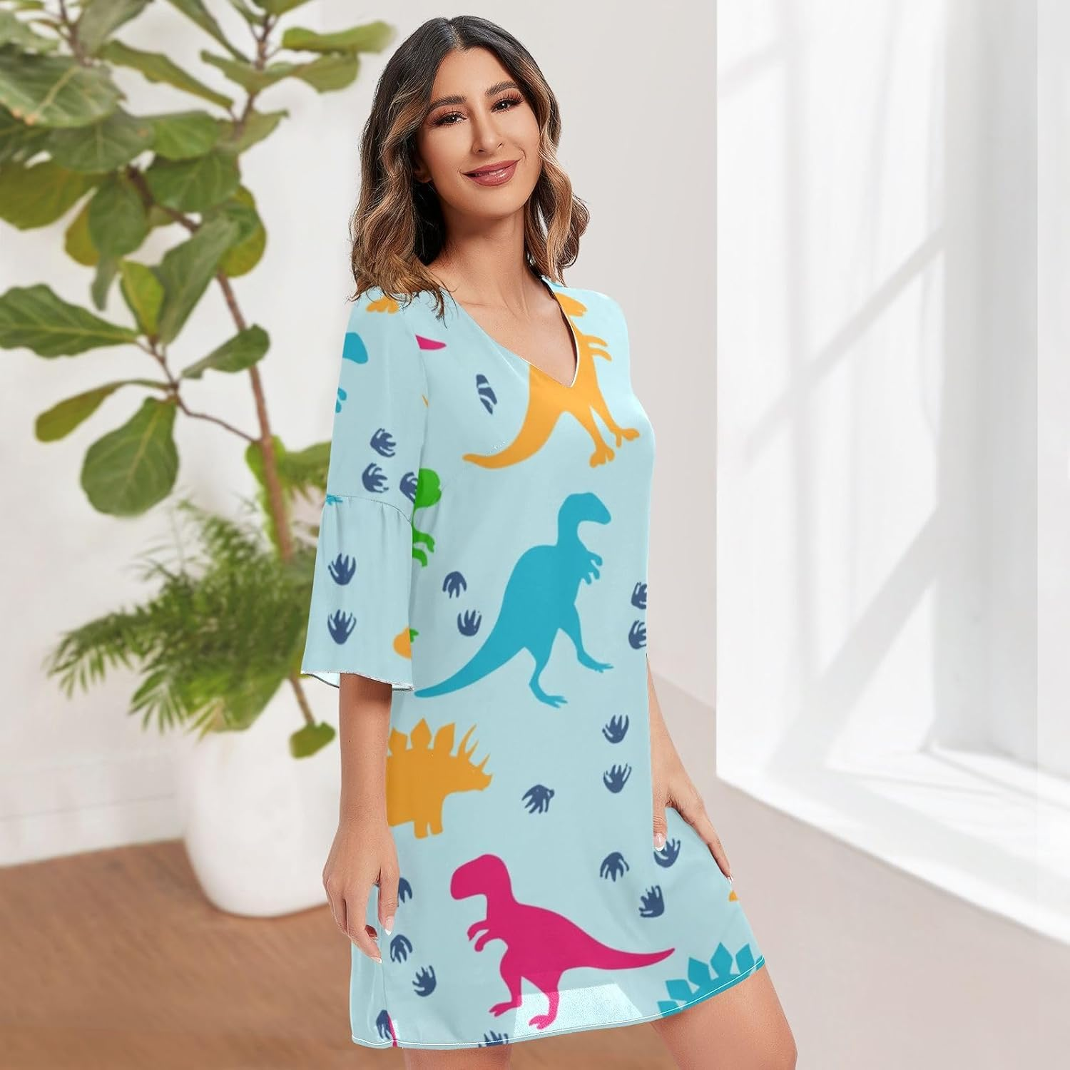 Colorful Dinosaur Blue V Neck Line Dress Printed Maternity Dress Party S-XXL image number 4