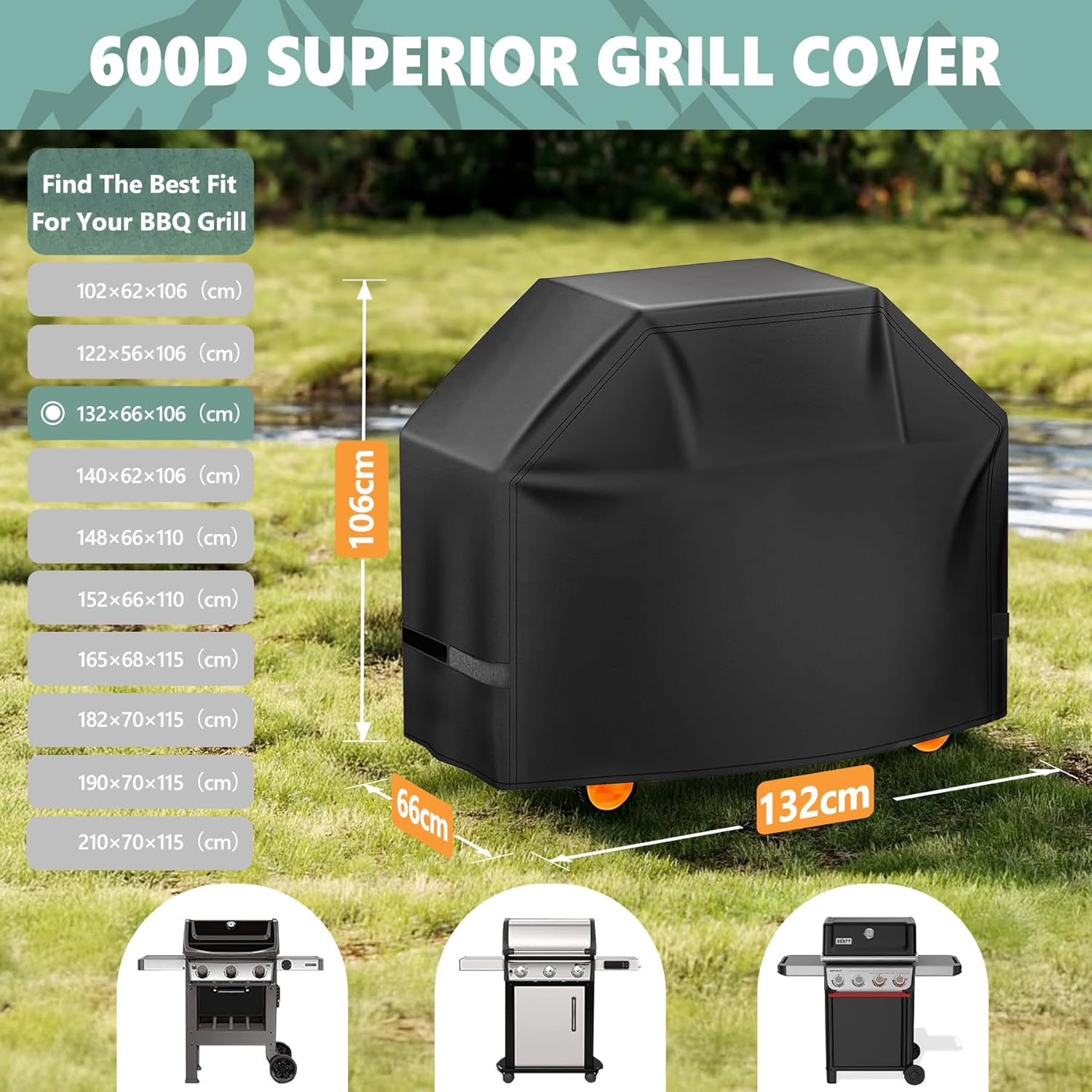 Homwanna BBQ Cover 132CM - 600D Grill Cover for Weber Spirit 300 & Spirit 400 Series Grills - Outdoor Barbecue Covers Waterproof Heavy Duty for Weber Spirit E310, E315, E325, E330, E-425 and E-435 image number 5