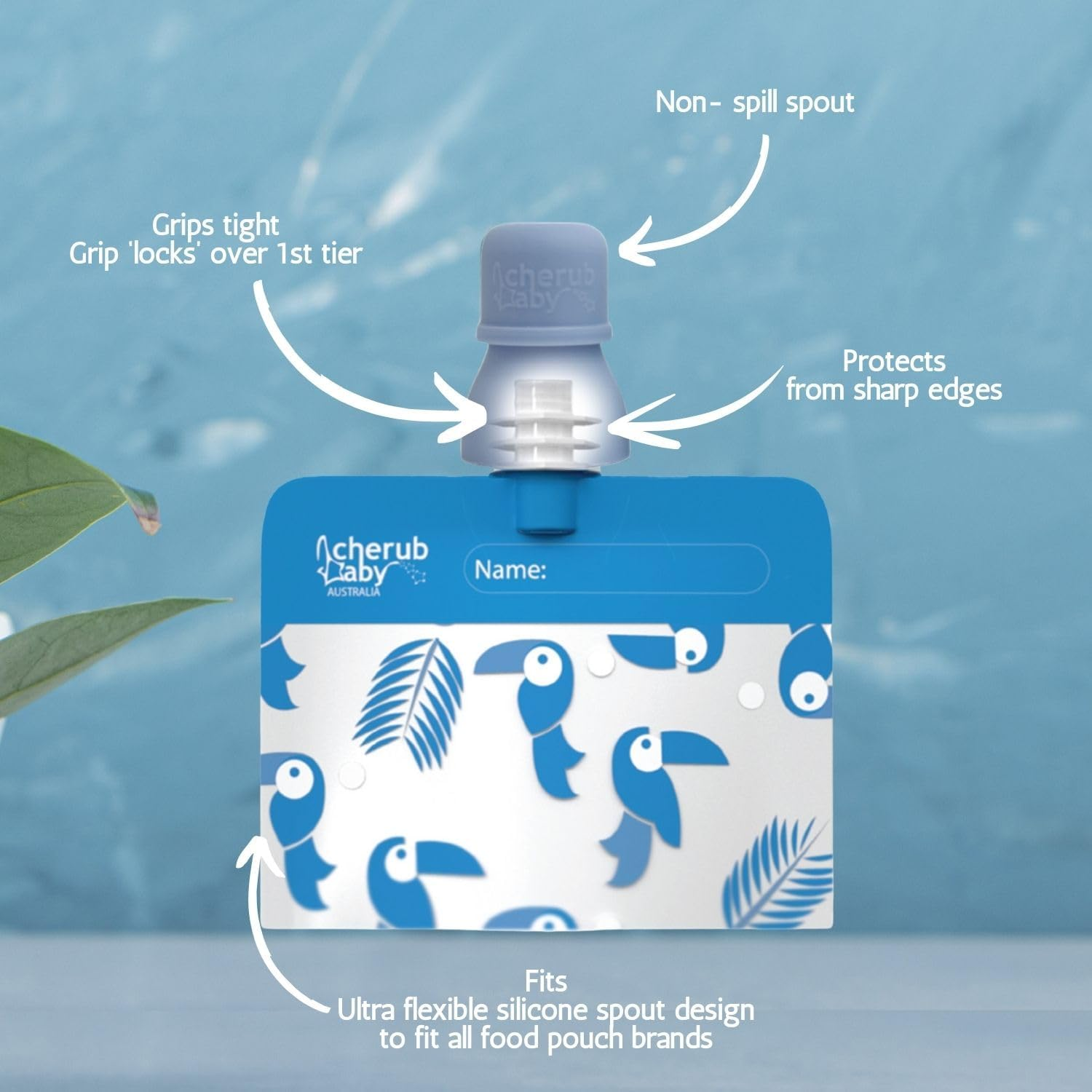 Cherub Baby Silicone Reusable Baby Food Pouch Topper Attachment Soft Non-Spill Spouts 2PK with Travel Case - Cerulean/Sage image number 4