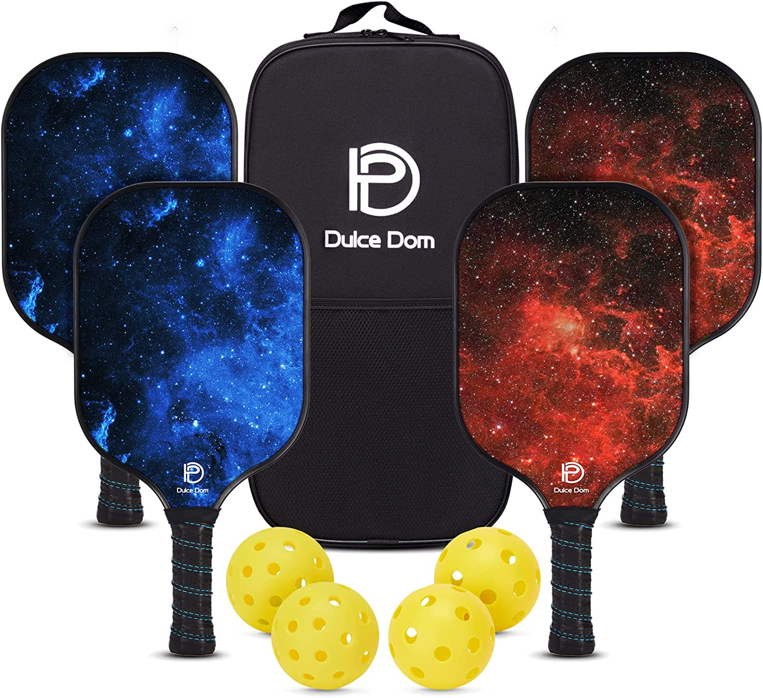 DULCE DOM Pickleball Paddles Set of 2/4, 4 Indoor Outdoor Pickleball Balls, Fiberglass Surface Paddle Racket with Cover Bag Training Equipment for Men Women