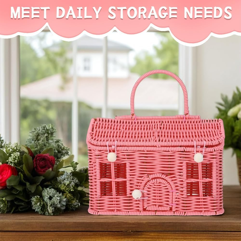 House Shaped Storage Basket with Lid, Hand Woven, Featuring a Folding Handle, Ideal as a Shelf Organizer, It Holds Blankets, Toys, and More, Blending Functionality with Farmhouse Charm image number 1