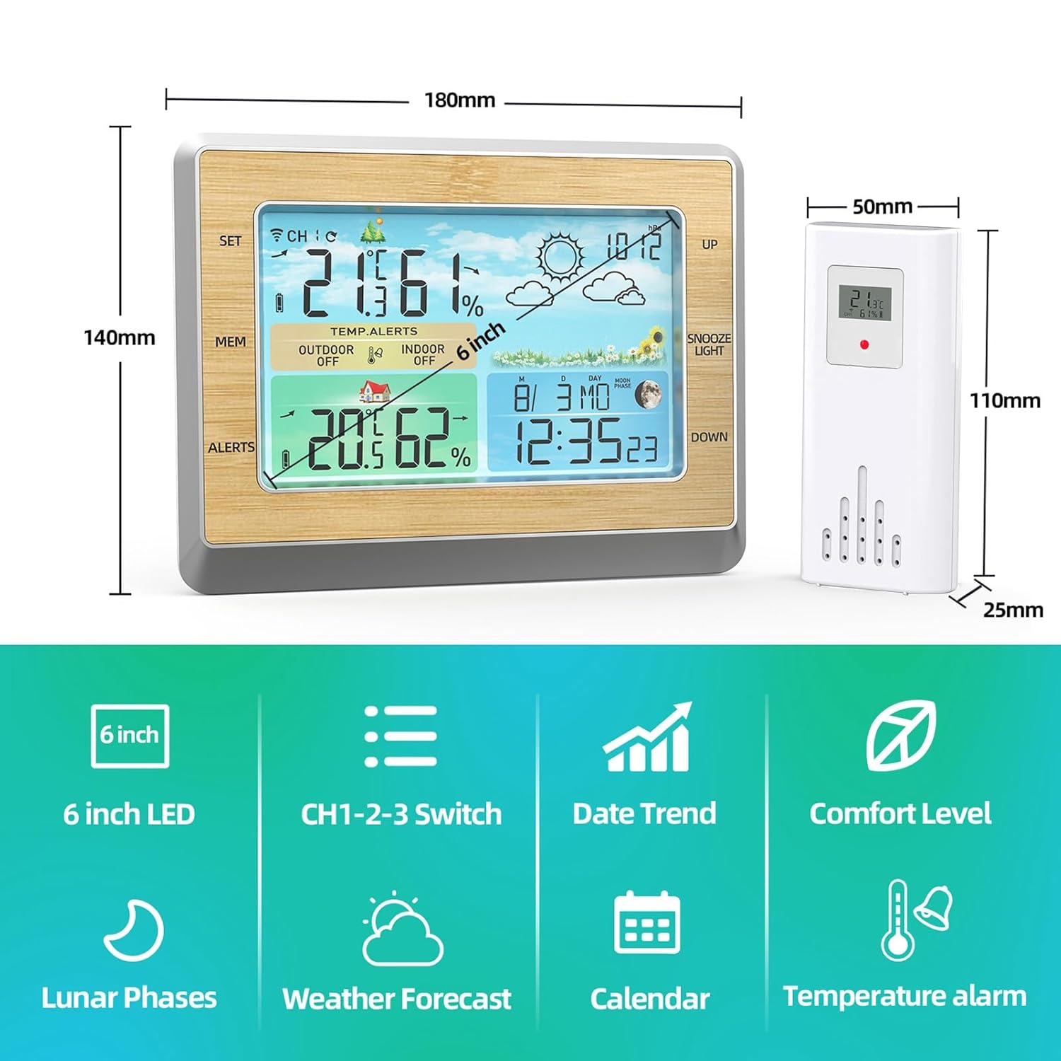 Large Color Screen Wireless Weather Station Clock with Brightness Adjust, Indoor Outdoor Temperature, Humidity Meter, USB Port image number 3
