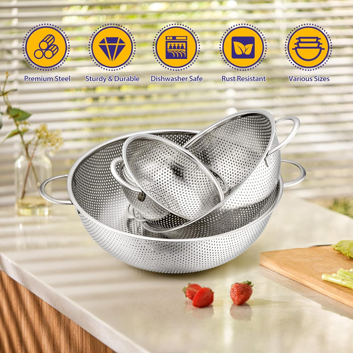 E-Far Stainless Steel Colander Set of 3 (1-3-5Quart), Micro-Perforated Metal Colander Strainer with Handle for Kitchen/Draining Pasta/Rinsing Vegetables Fruits, Heavy Duty & Dishwasher Safe image number 1
