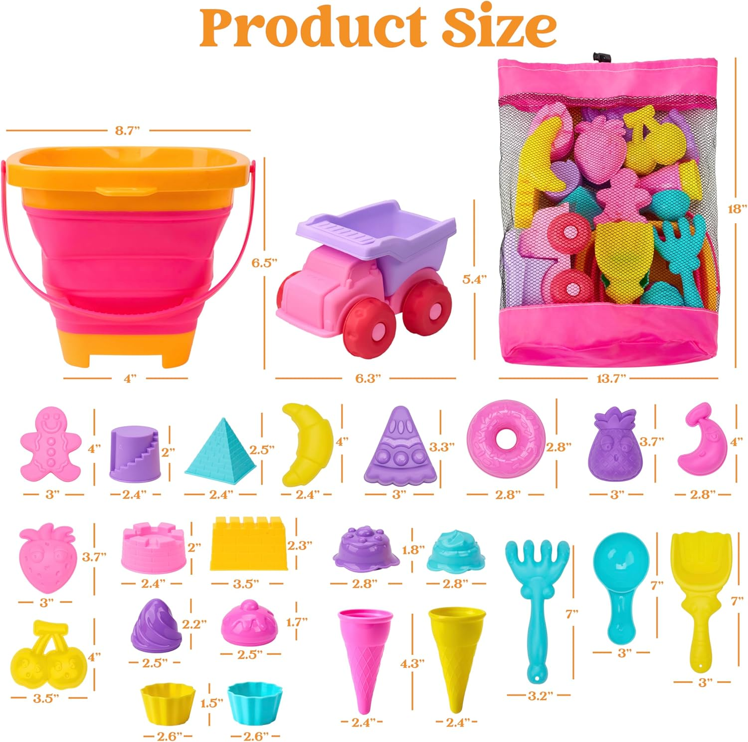 Sloosh Beach Sand Toys Set - Pink Dump Truck Car Toy with Sand Molds, Collapsible Buckets Mesh Bag Shovels Castle Ice Cream Mold for Ages Kids Toddlers Sandbox Toys Gifts Travel Vacation (Foods) image number 2