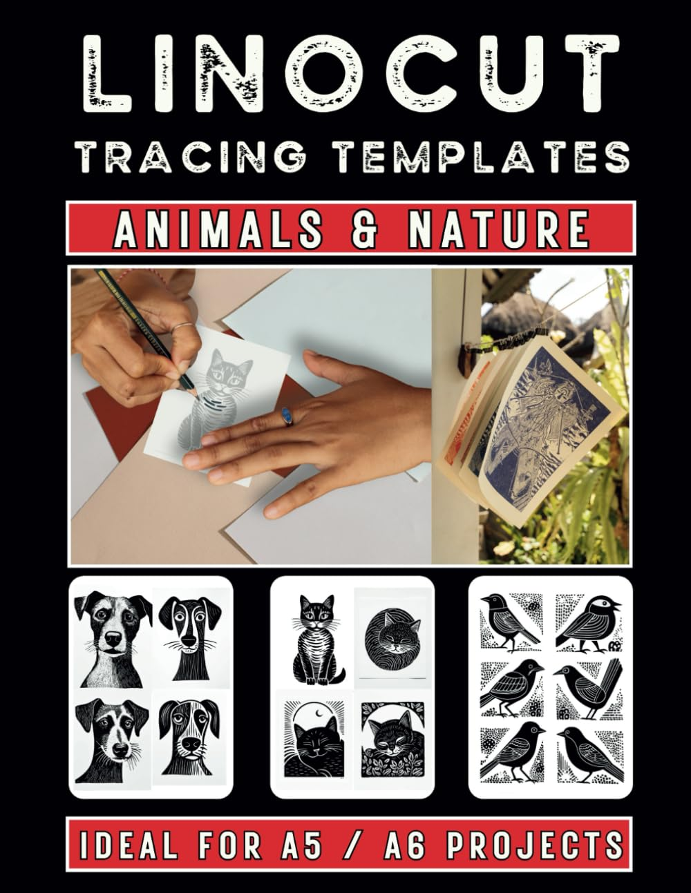 LINOCUT Tracing Templates - Animals & Nature: Multiple Designs per Page for A5 & A6 Linoleum Block Carving Projects