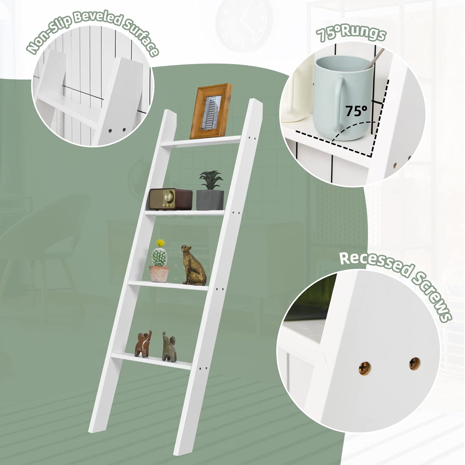 Giantex 4-Tier Wooden Blanket Ladder, Farmhouse Towel Storage Rack, Wall Leaning Ladder Shelf Stand, Decorative Blanket Shelf for Living Room, Bathroom & Bedroom, White - White image number 3