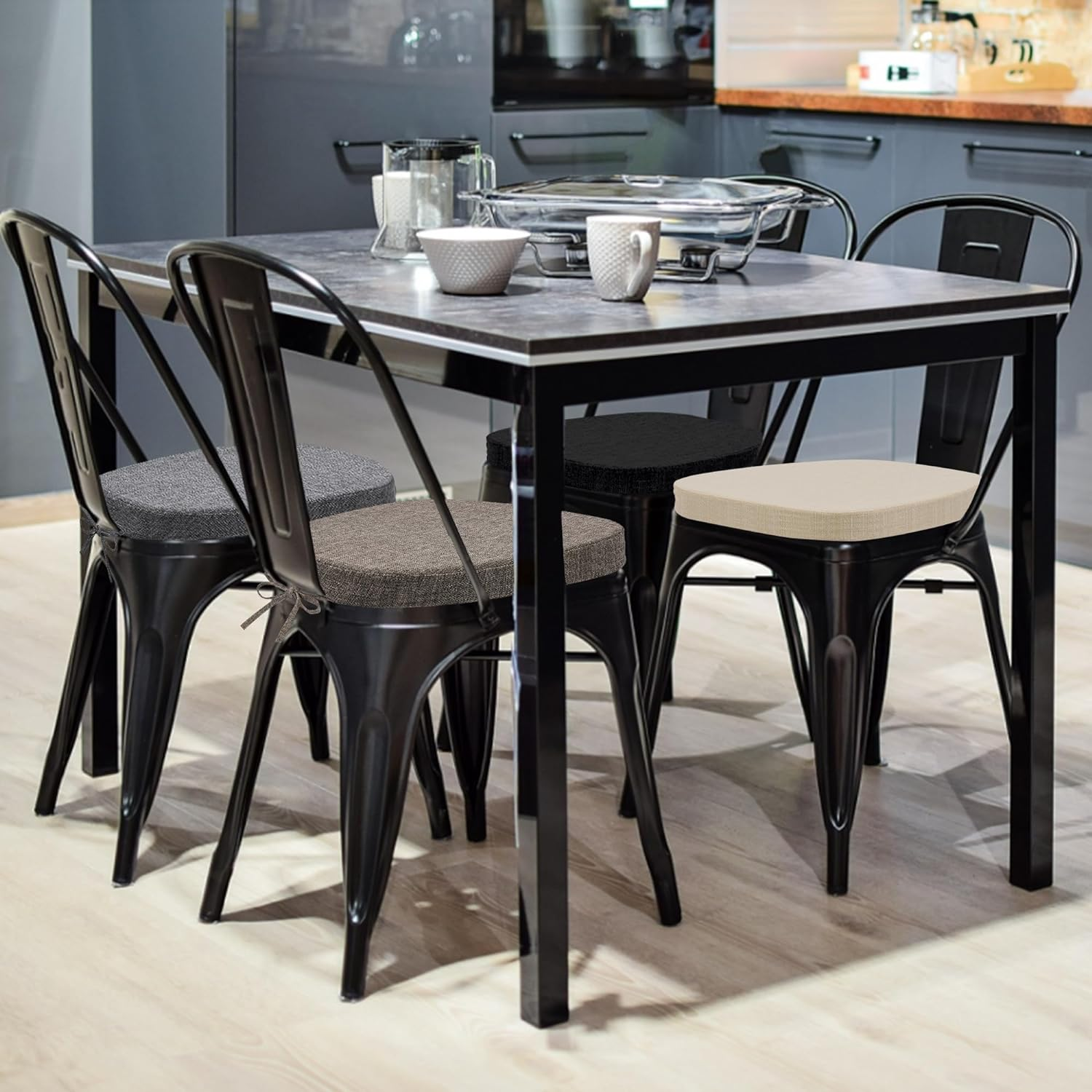 Baibu 14X14 Inches Metal Chairs Cushions with Ties Set of 4, Non-Slip Metal Dining Chair Pads Kitchen Chair Cushions with Machine Washable Cover - 4 Cushions Only (Beige, 14X14X1.5In) image number 2