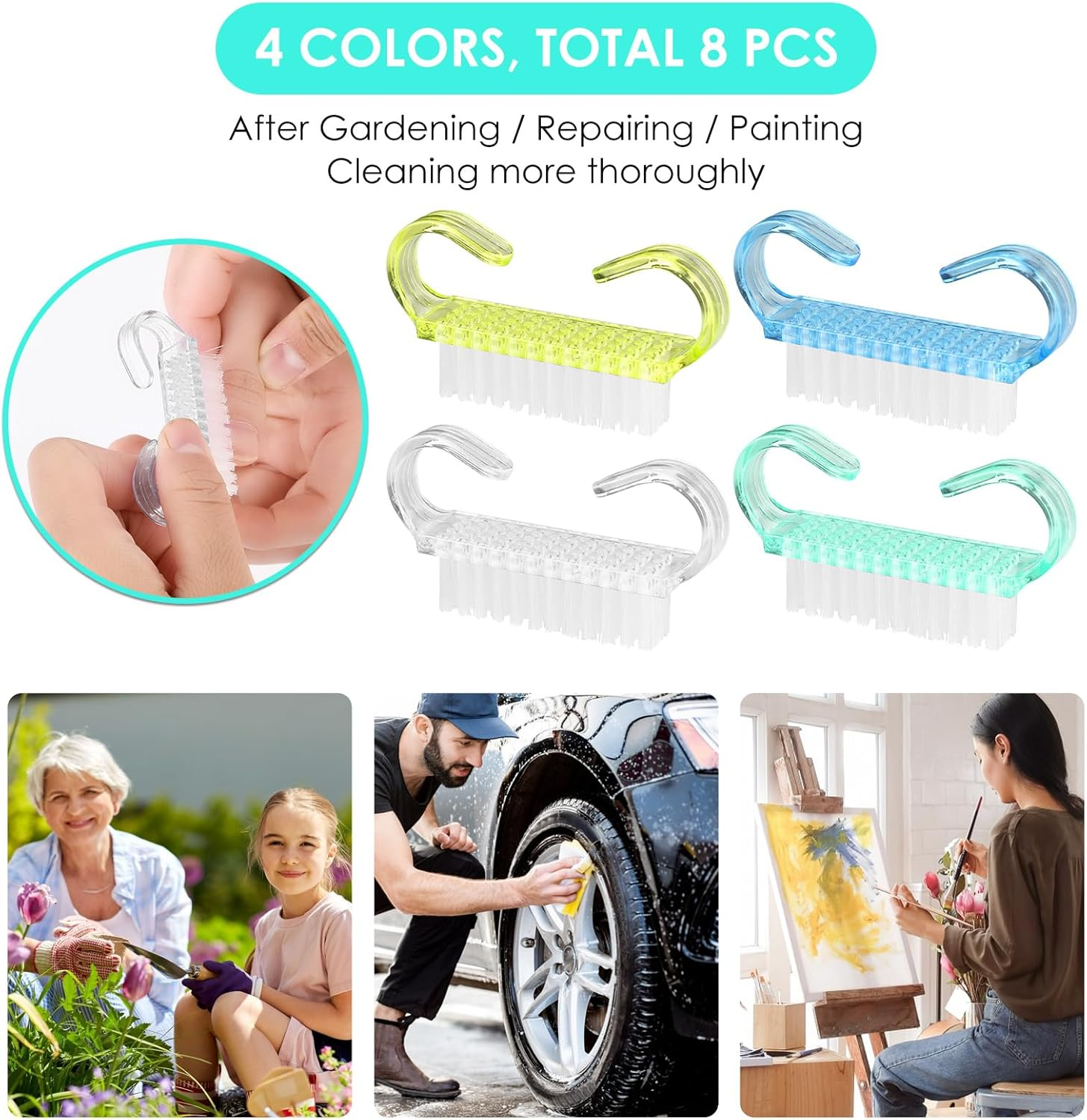 Pack of 8 Nail Brush, Abeillo Fingernail Brush, Plastic Handle, Fingernail Exfoliating Cleaning Brushes, Manicure Dust Brush, Pedicure Scrubbing Tool for Toes and Nails (7 Colours) - Multicoloured image number 2