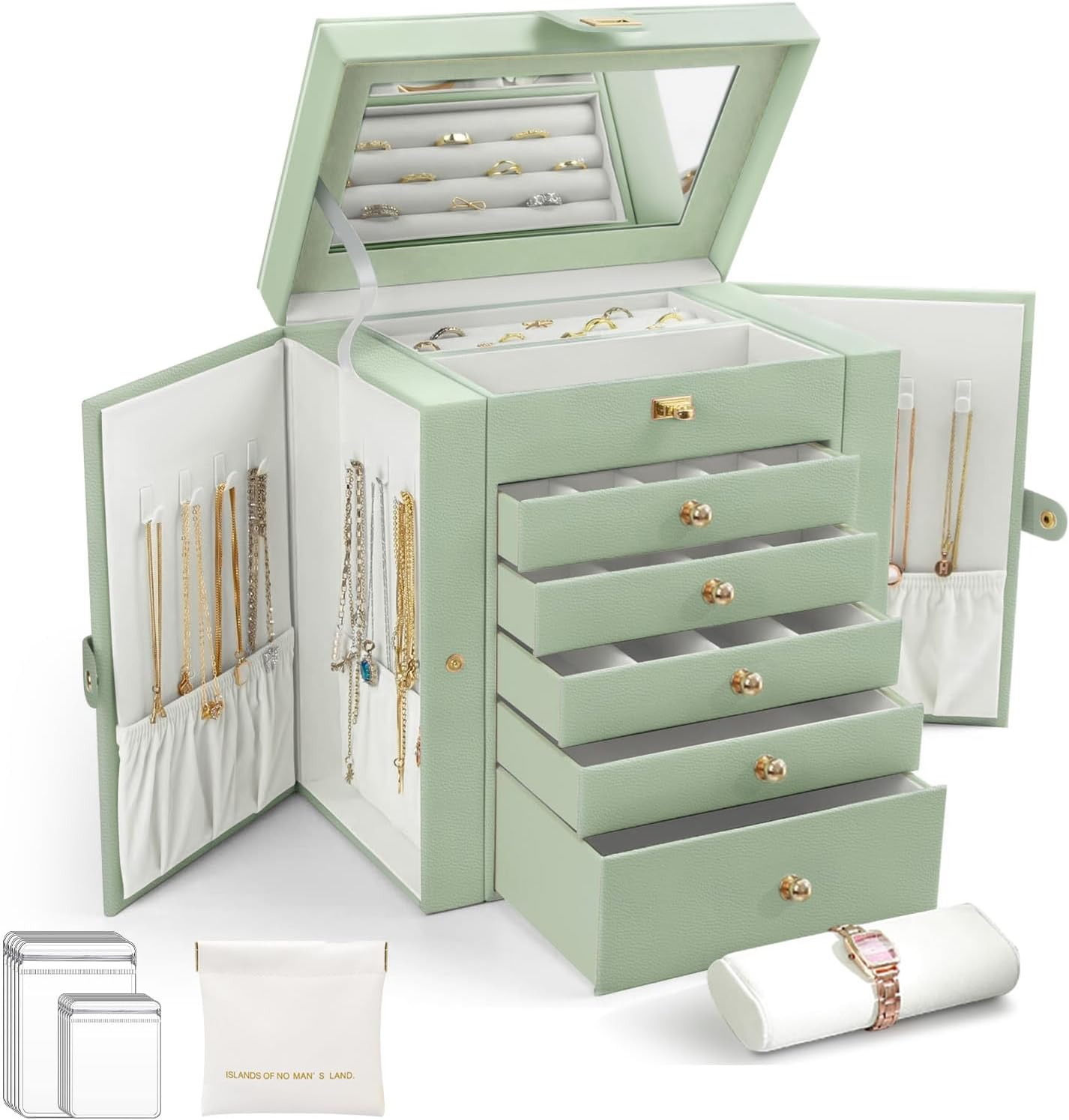 LIAN 6-Layer Large Jewelry Box with Big Mirror Functional Huge 5 Drawers Leather Jewelry Storage Case for Women Girls Ring Necklace Earring Bracelet Holder Organizer (Large-Pale Green)