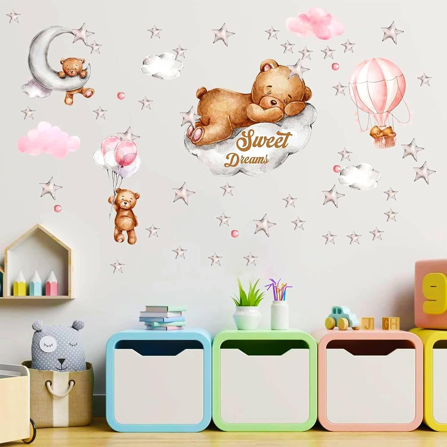 POILKMNI Tedy Bear Sleeping on the Moon and Stars Wall Stickers for Kids Baby Room Decor Sweet Dream Hot Air Balloon Star Nursery Shower Interior Kid Bedroom Playroom Decals (Pink) - Pink image number 2