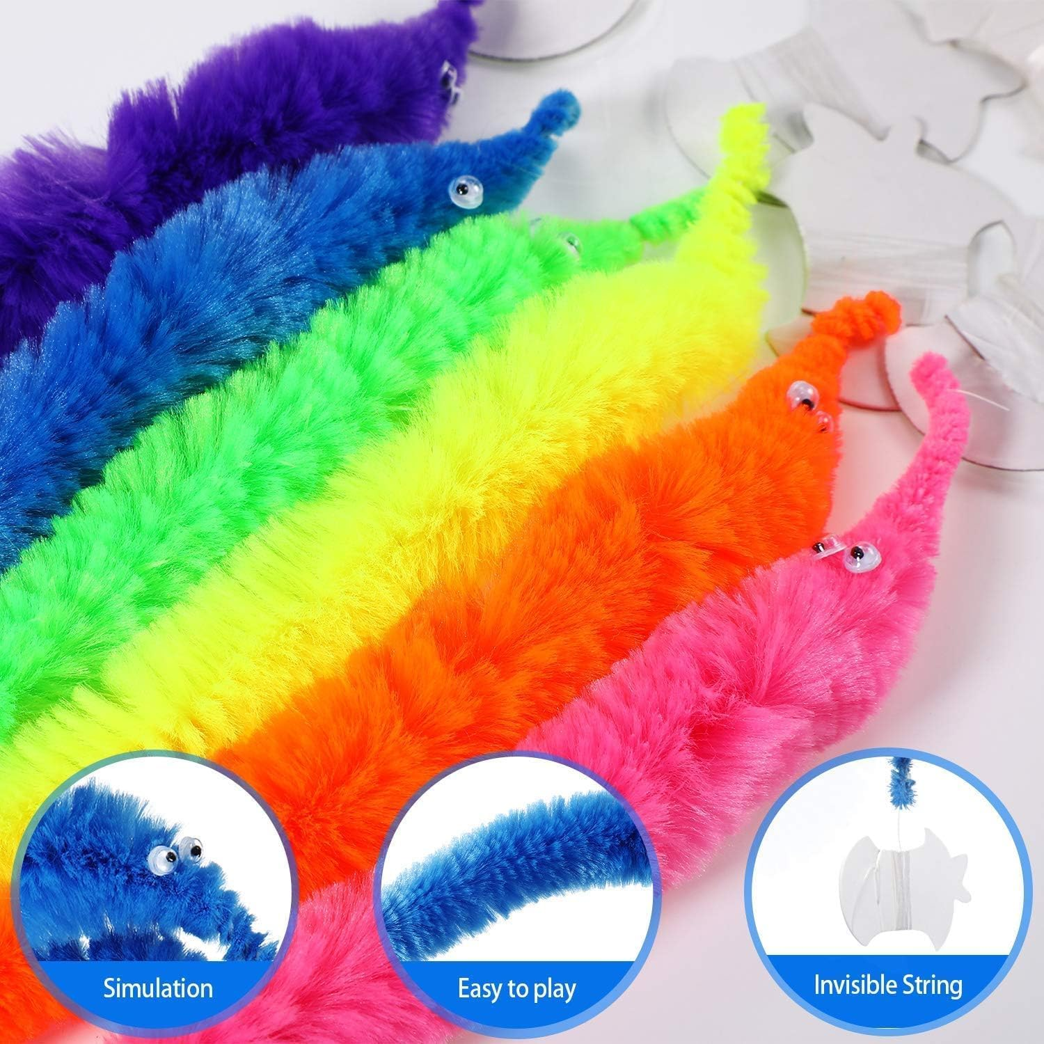 BEANPRECOY 16PCS Magic Worm Toys, Cat Toy, Colour Invisible Twisty Caterpillar, Fuzzy Worms on Strings Trick Toys, Worm Trick Toys,Wiggly Twisty Fuzzy Worm for Party Supplies and Teasing Cats image number 5