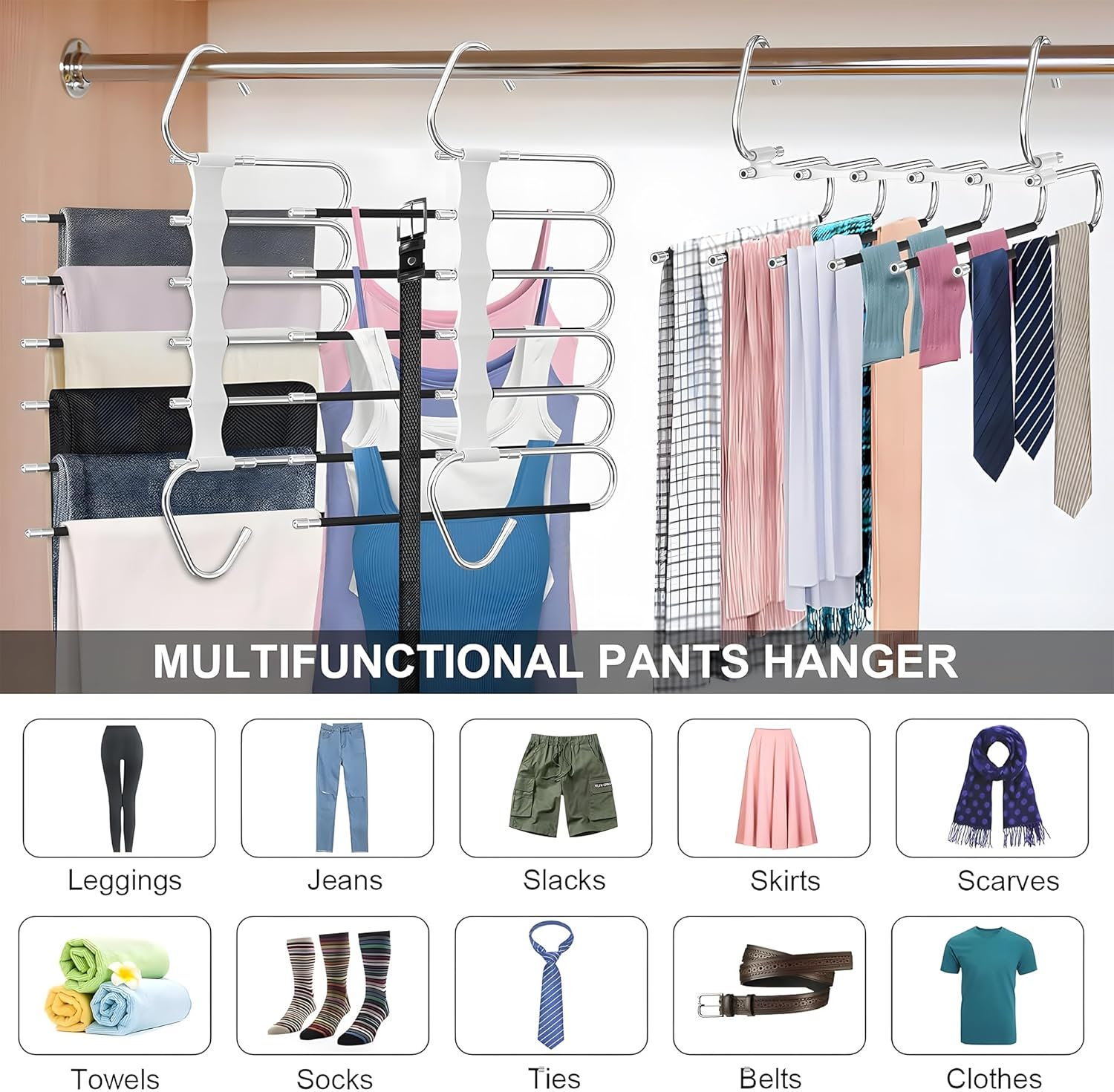 JZS 2-Pack Space-Saving Pants Hangers with S-Type Stainless Steel & Anti-Slip Design for Jeans, Trousers image number 3