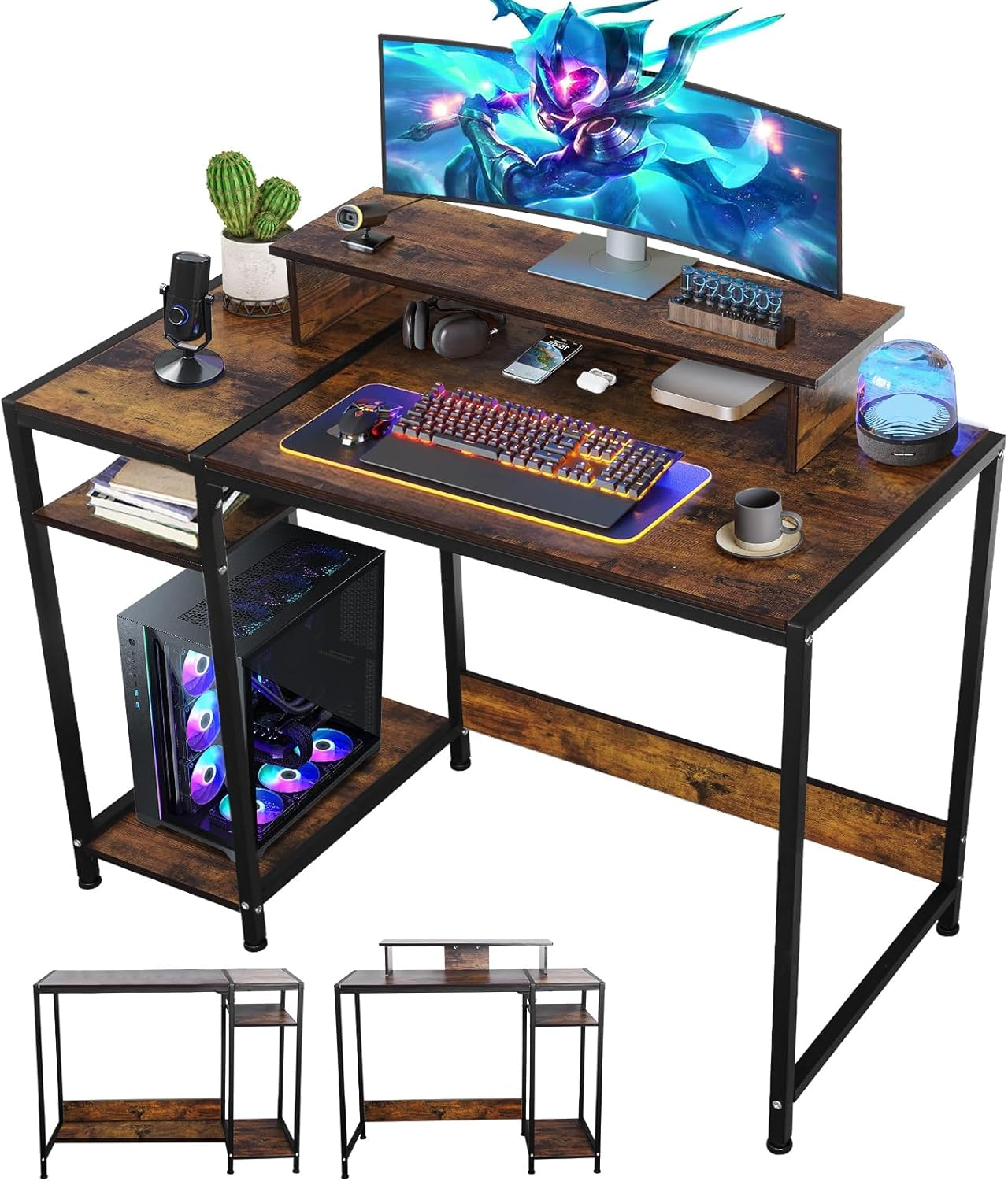 Computer Desk with Reversible Storage Shelves, Home Office Desk with Monitor Stand, Modern Simple Writing Table for Work Study Writing,100 * 45 * 76Cm image number 4