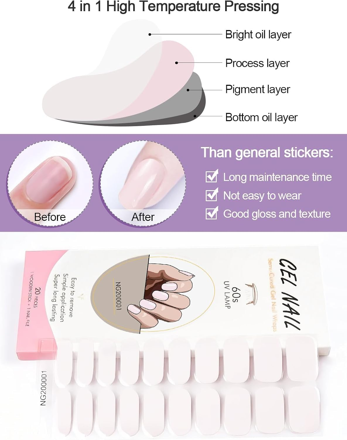 EBANKU 20PCS Gel Nails Polish Strips, Adhesive Full Wrap Nails Art Sticker, Waterproof Nail Wrap Stickers with File and Stick（Uv/Led Lamp Required） - Pink image number 5