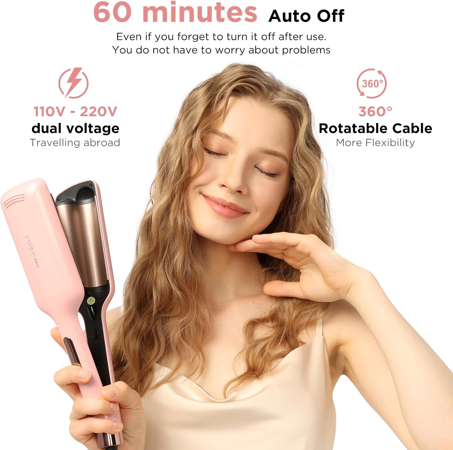 2 Barrel Hair Crimper Waver for Hair, 32MM Waver Curling Iron for Large and Beach Curls, PARWIN PRO BEAUTY Beach Waves Curling Wand with 4 Adjustable Temperatures, Instant Waves (Pink)