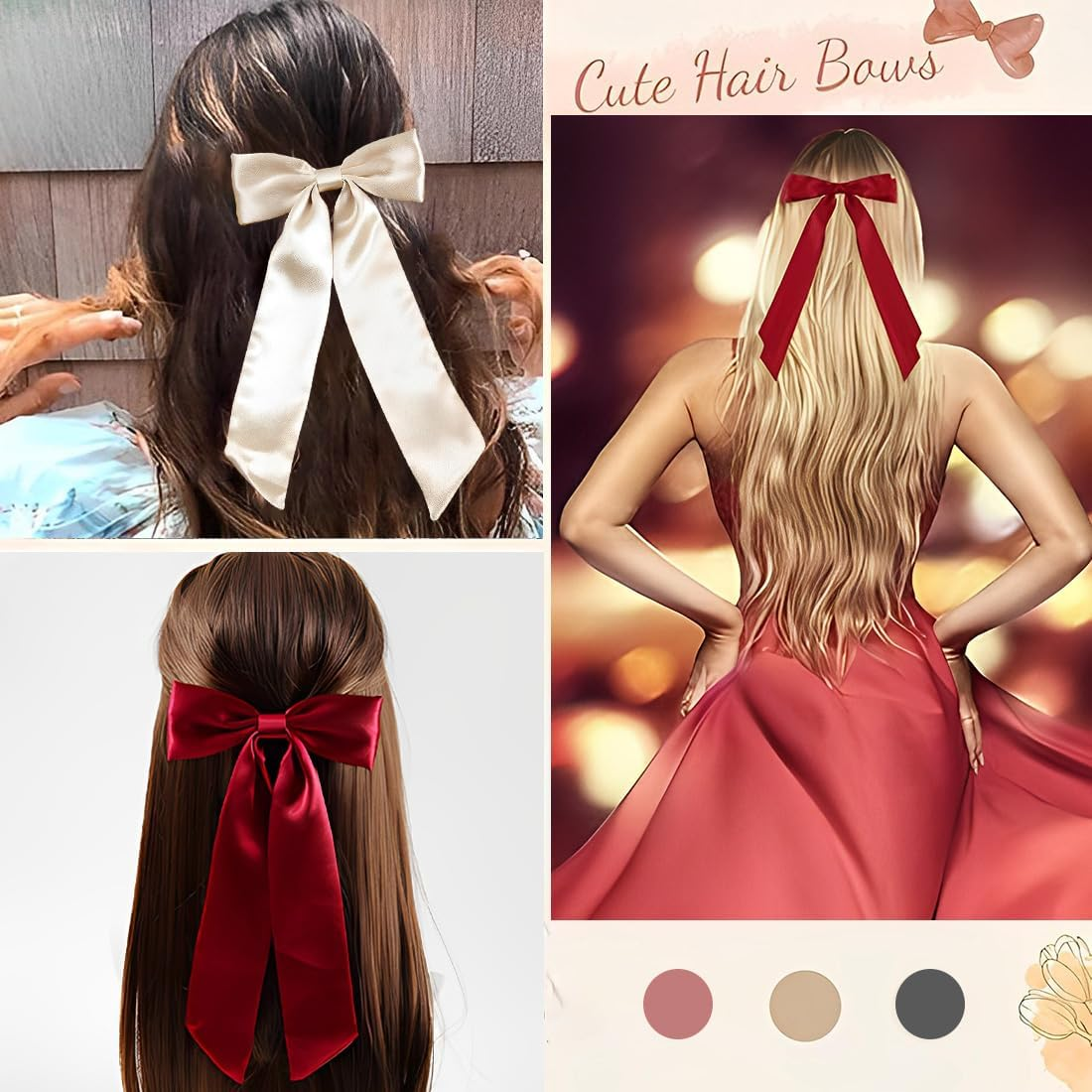 XUZOPIM Women'S Hair Bow, Pack of 3 Hair Clips, Chiffon Satin Ribbon Bow Hair, French Hair Bows Girls, Metal Bow Knot Clips Hair Accessories, Hair Pin for Women Girls, Red Black Apricot image number 1