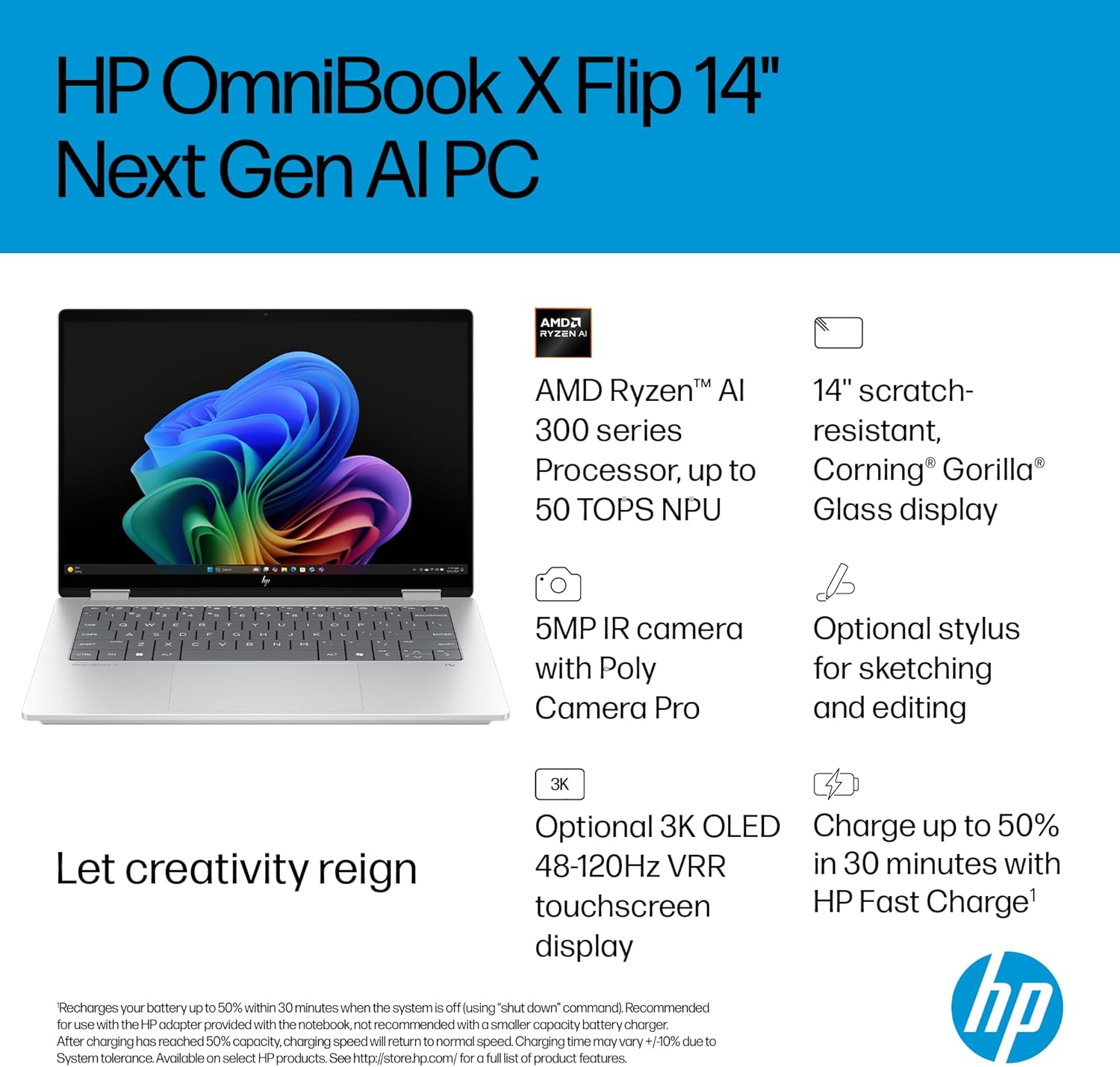HP Omnibook X Flip Next Gen AI 14" Laptop, 2K Touch Display, AMD Ryzen&trade; AI 5 Processor, 16GB RAM, 512GB SSD, Windows 11 Home, Glacier Silver, C5AY3PA image number 1